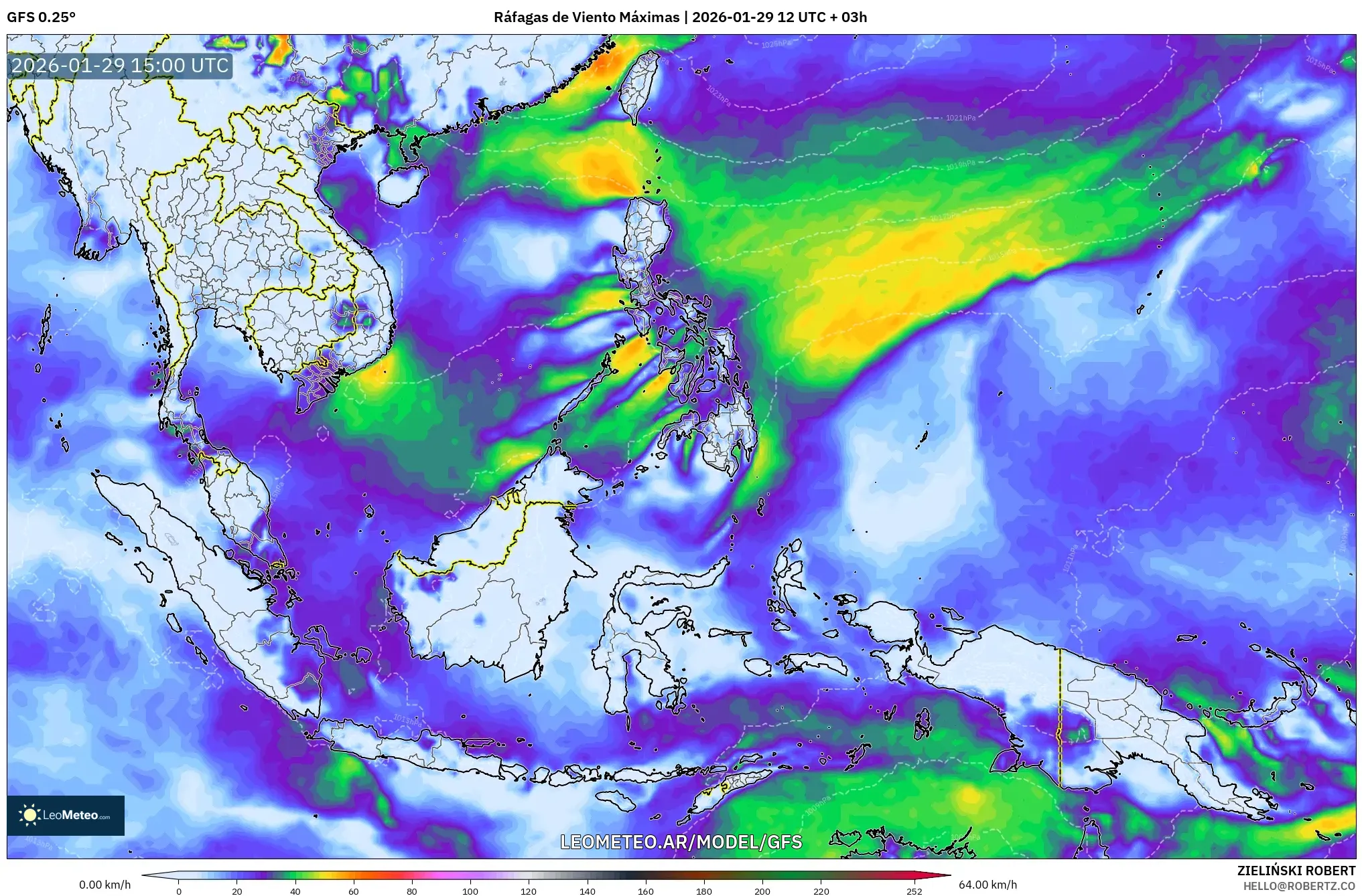 GFS model - Sudeste Asiático, Rajadas de Vento Máximas