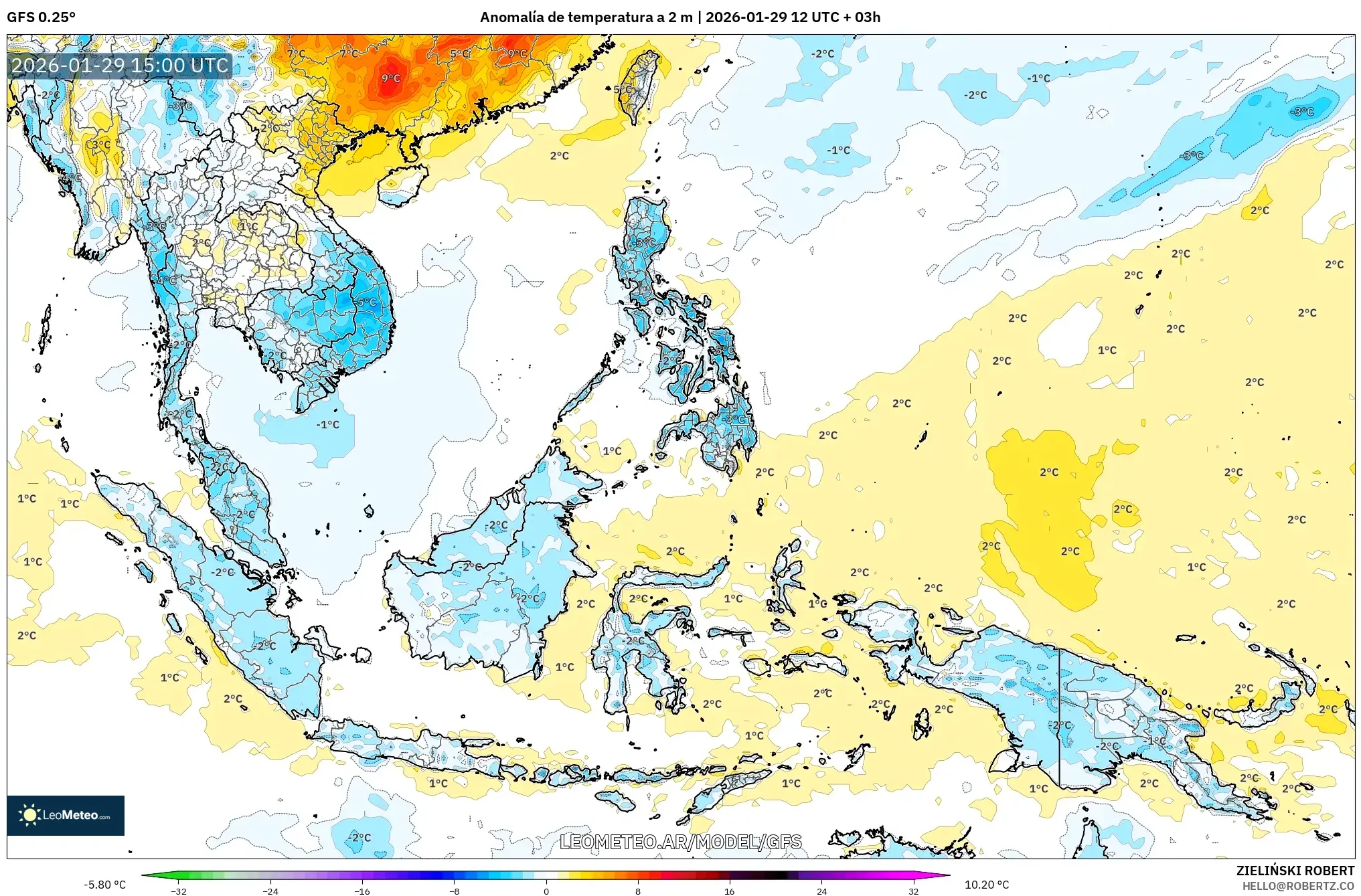 GFS model - Sudeste Asiático, Anomalia de temperatura a 2 m