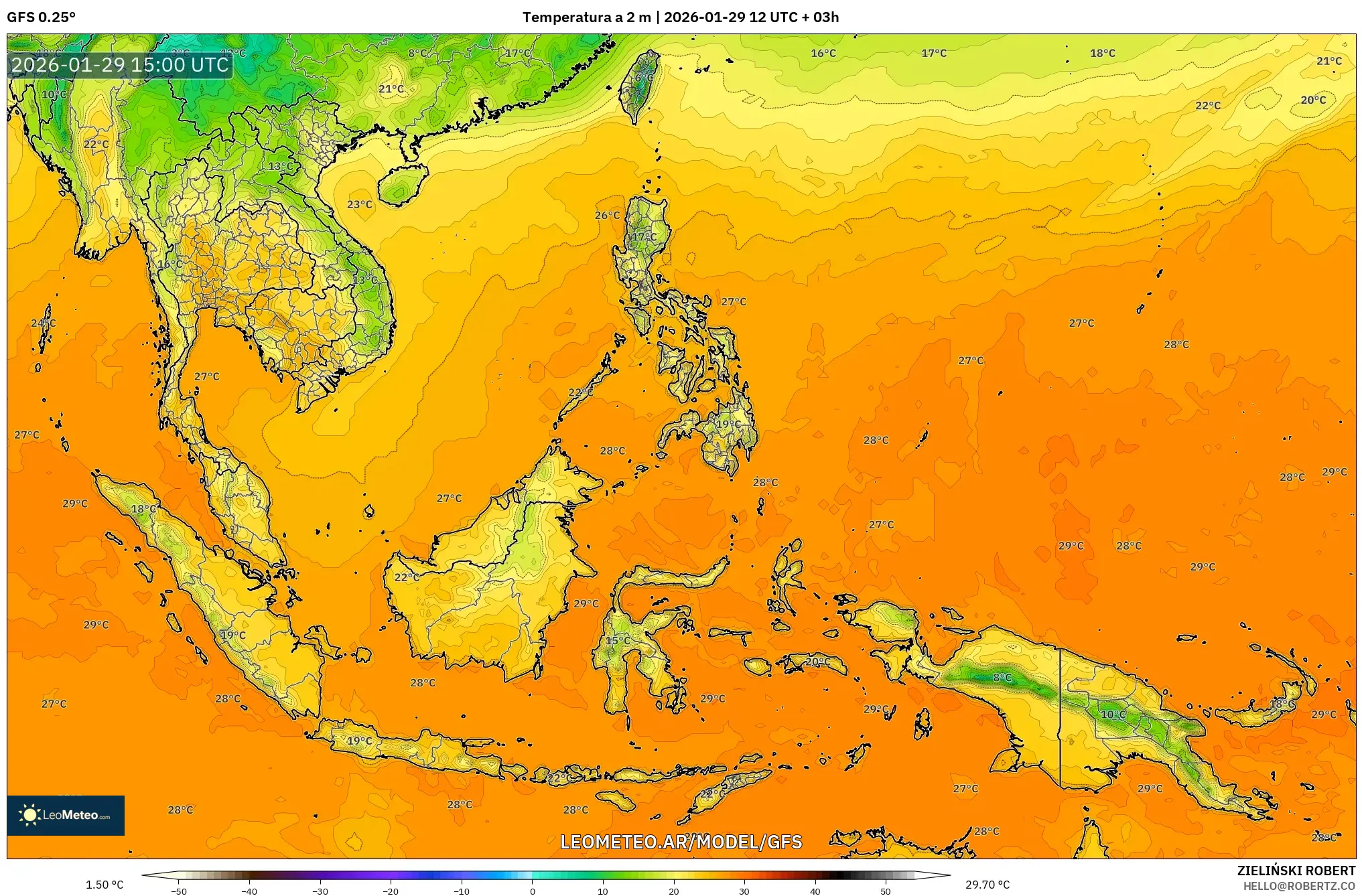 GFS model - Sudeste Asiático, Temperatura a 2 m