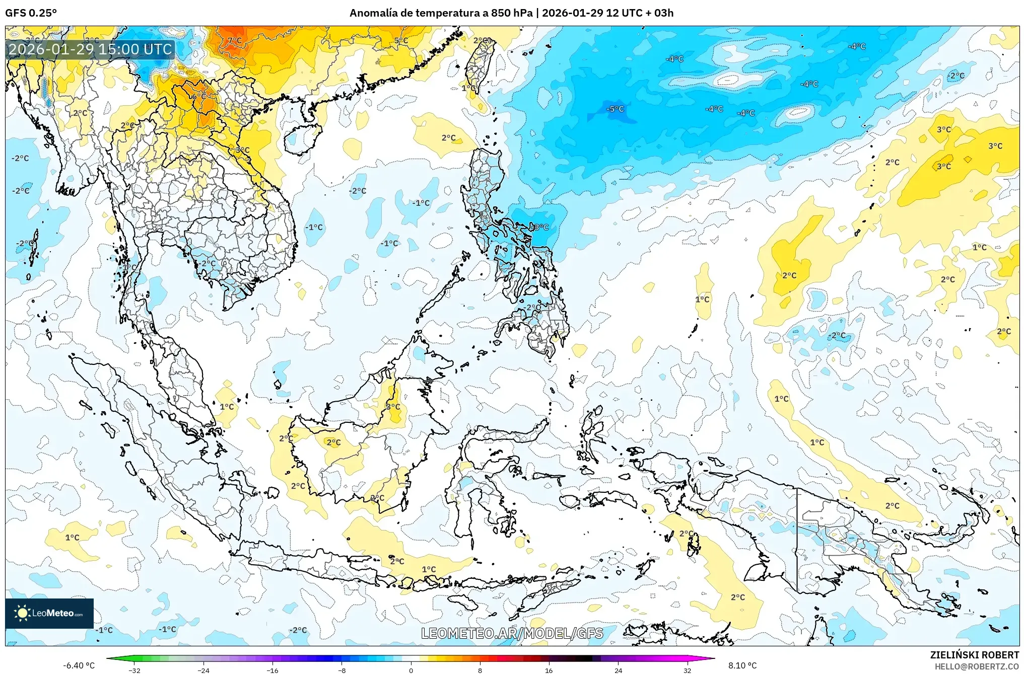 GFS model - Sudeste Asiático, Anomalia de temperatura a 850 hPa