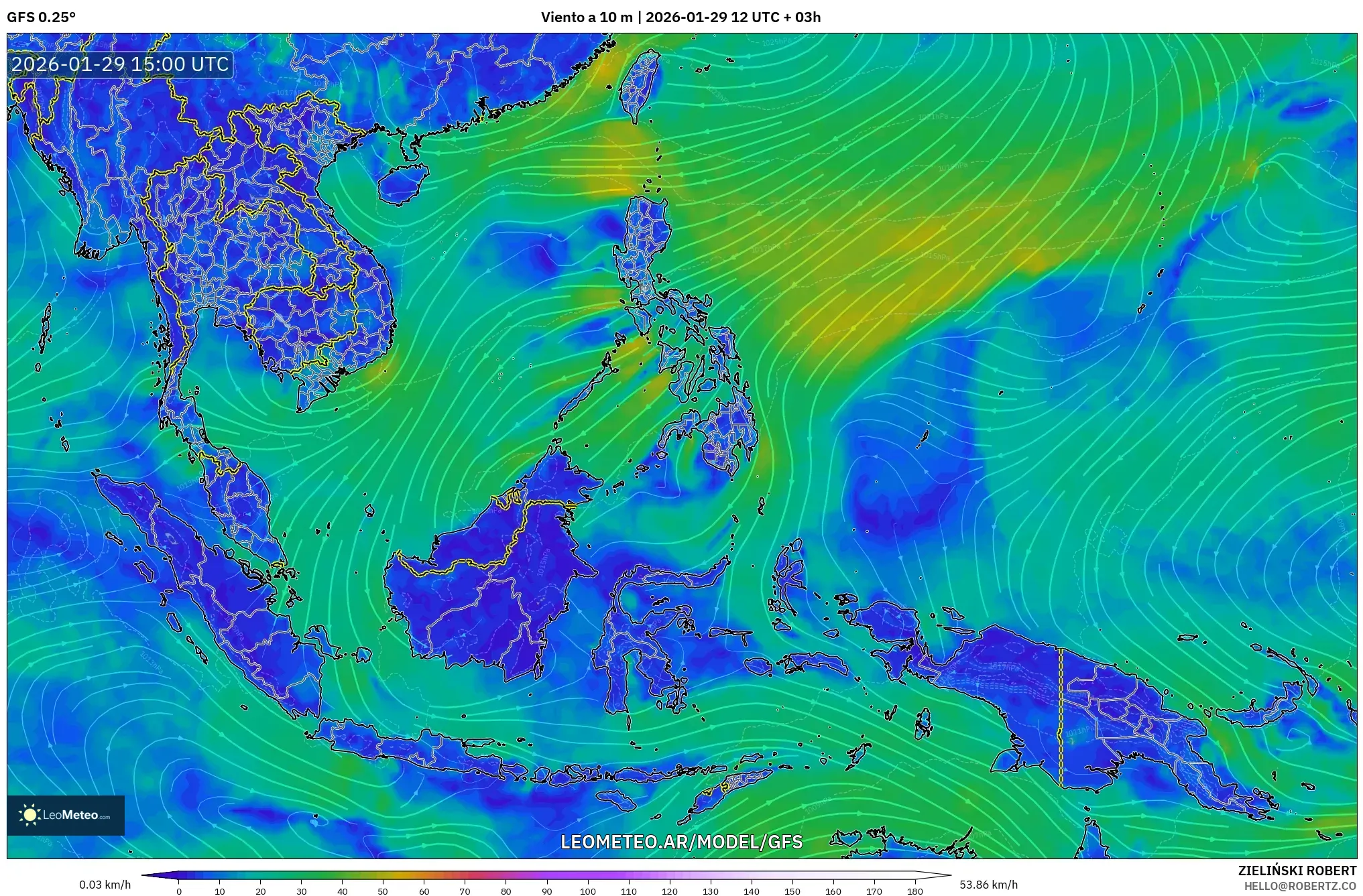 GFS model - Sudeste Asiático, Vento a 10 m