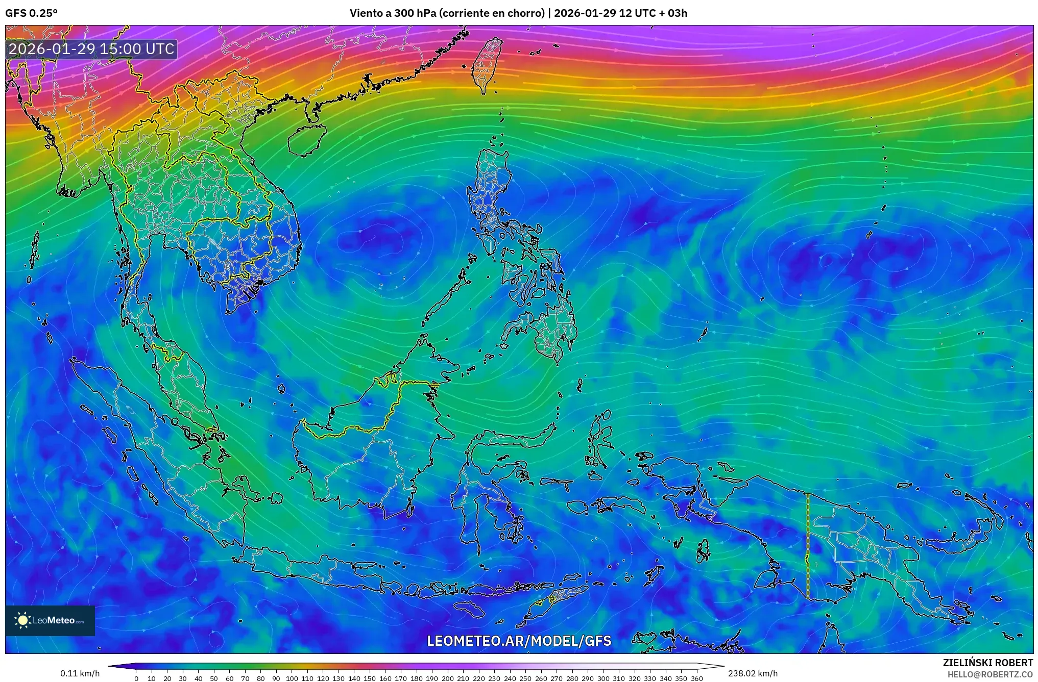 GFS model - Sudeste Asiático, Vento a 300 hPa (corrente em jato)