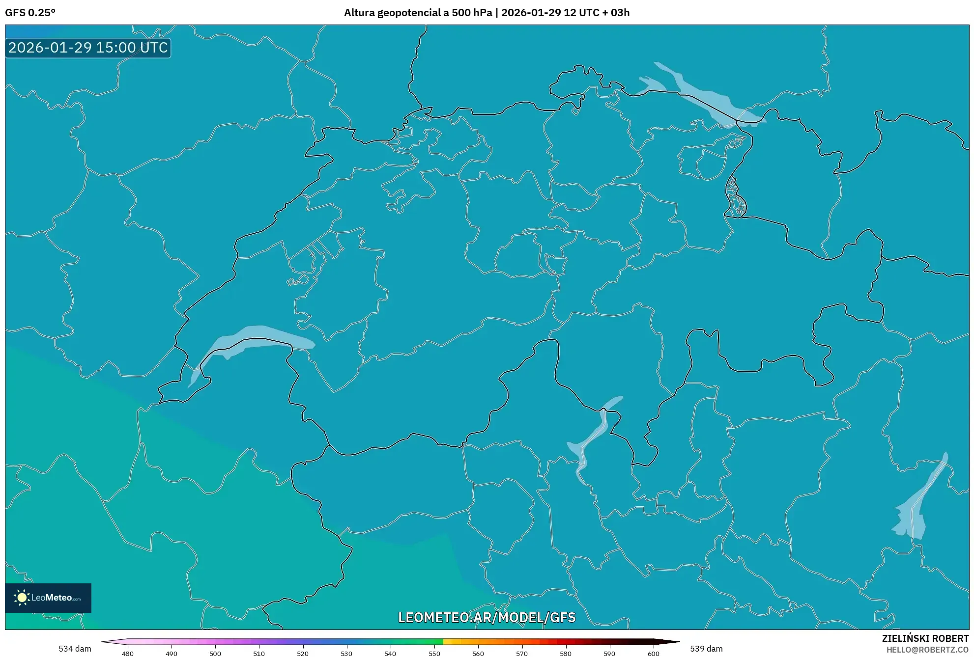 GFS model - Suíça, Altura geopotencial a 500 hPa