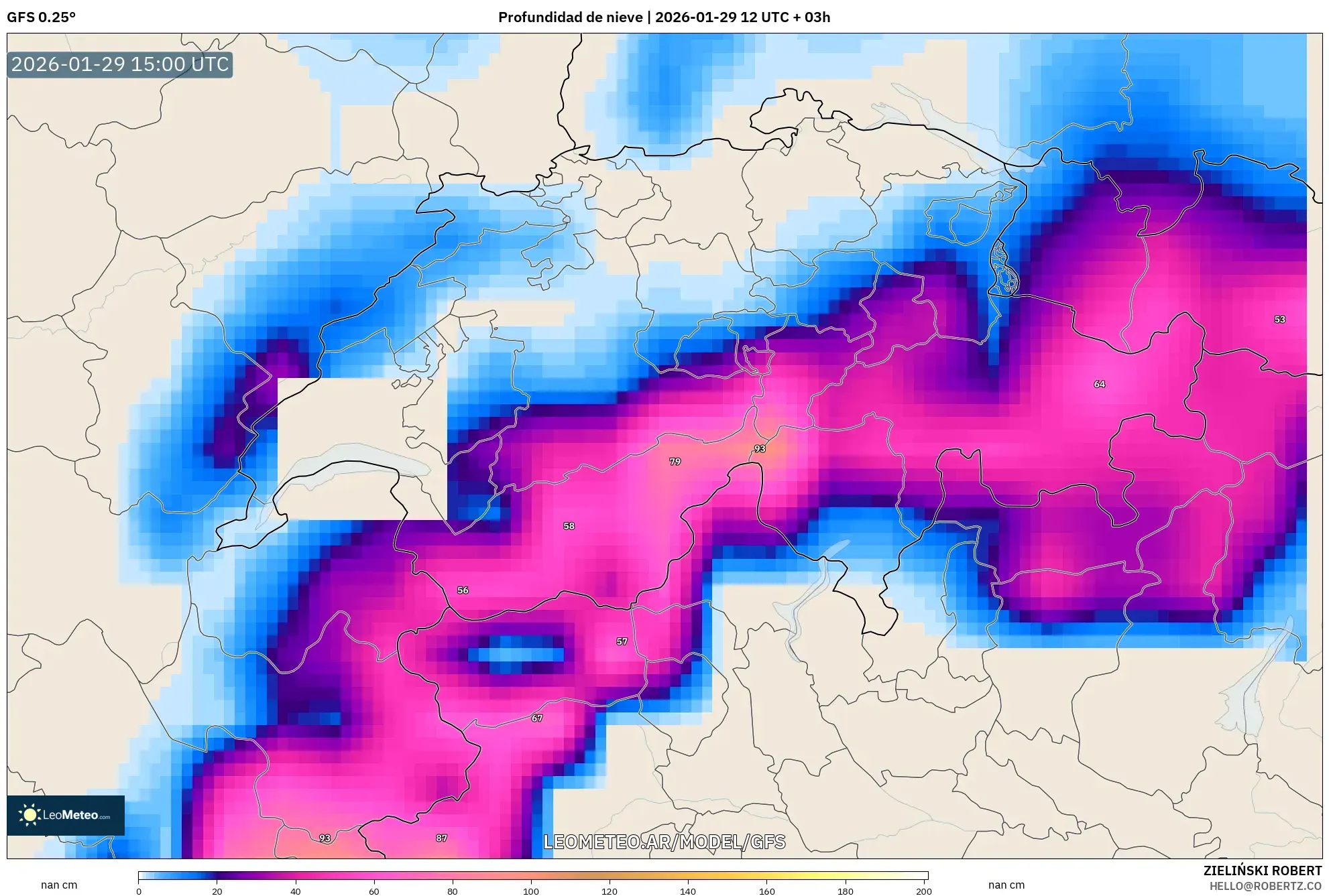 GFS model - Suíça, Profundidade da neve
