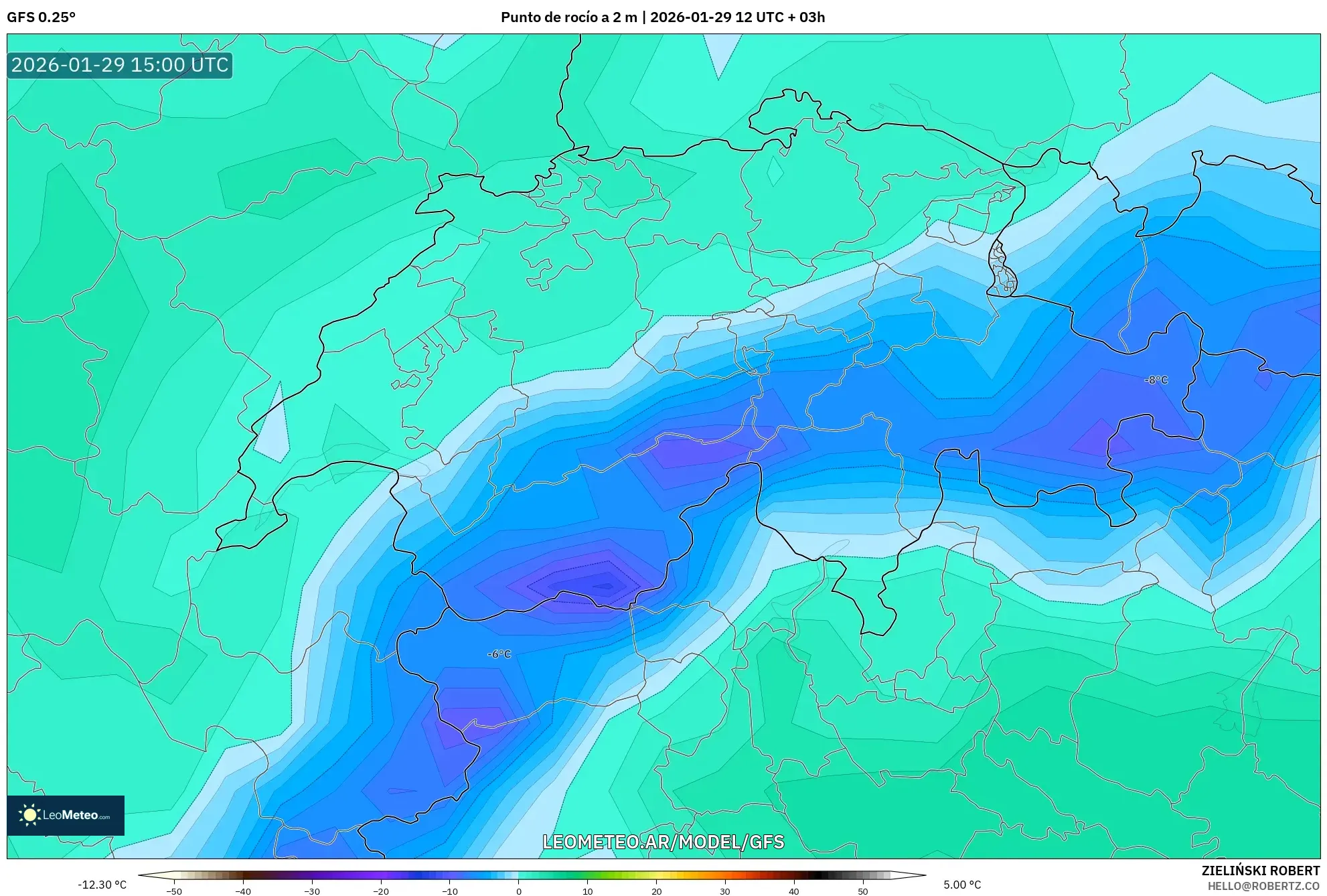 GFS model - Suíça, Ponto de orvalho a 2 m