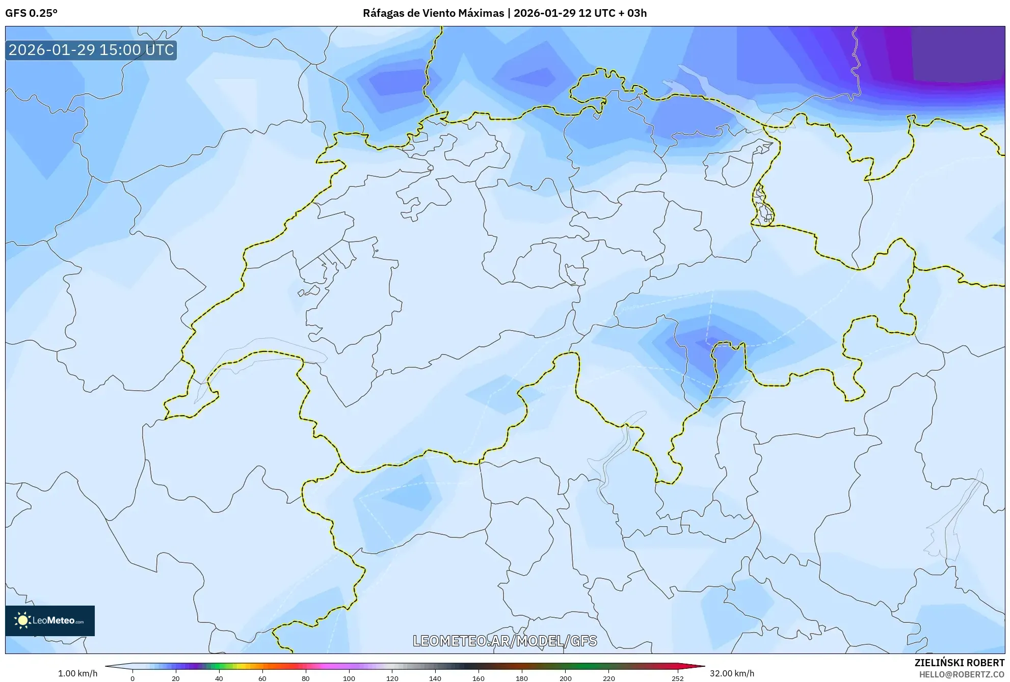 GFS model - Suíça, Rajadas de Vento Máximas