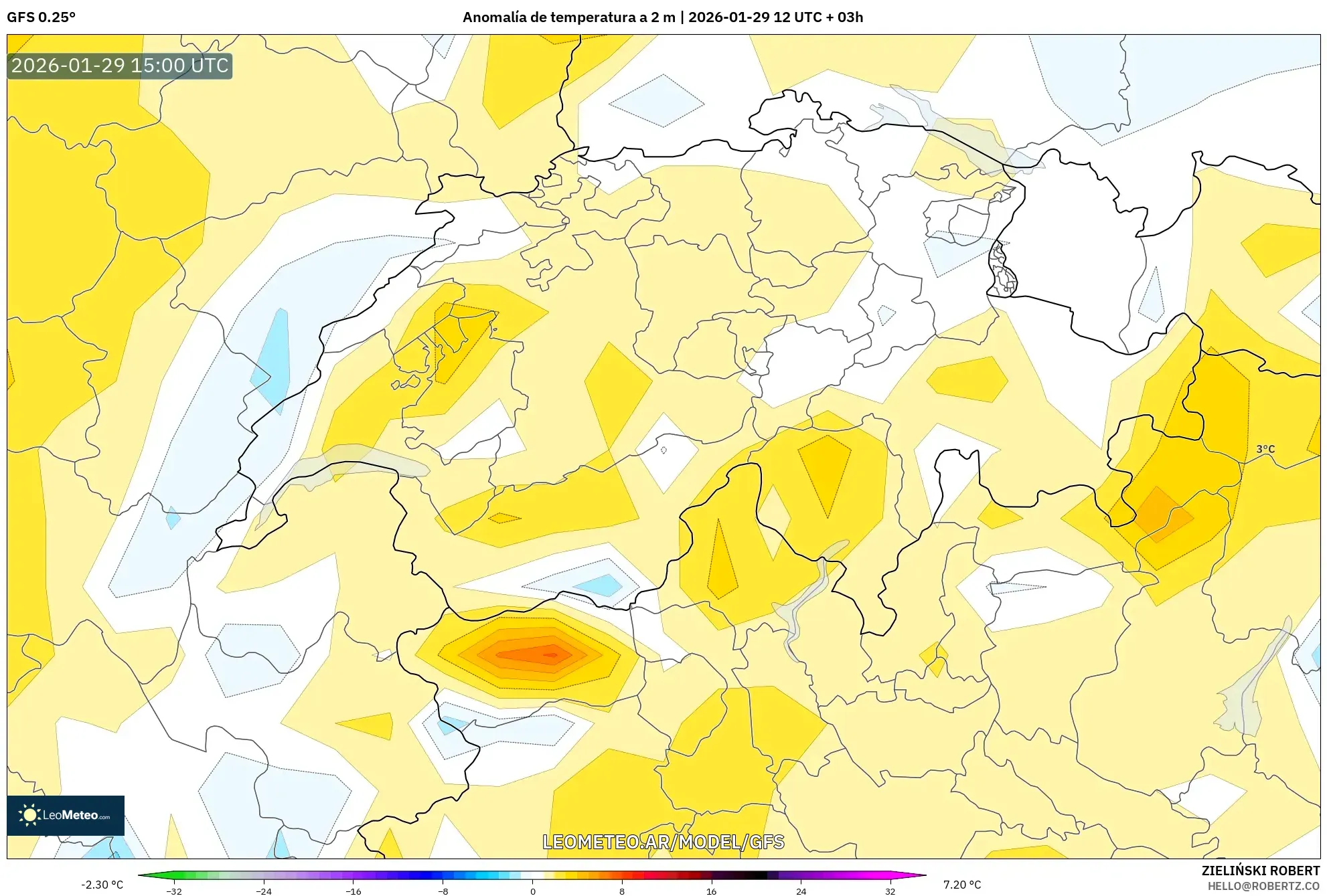 GFS model - Suíça, Anomalia de temperatura a 2 m