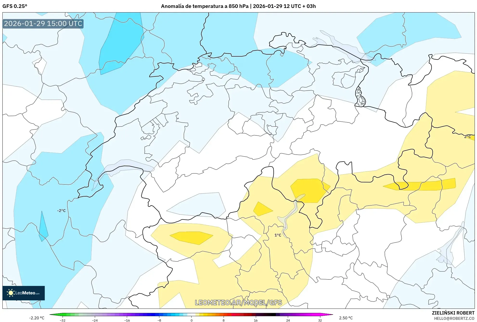 GFS model - Suíça, Anomalia de temperatura a 850 hPa