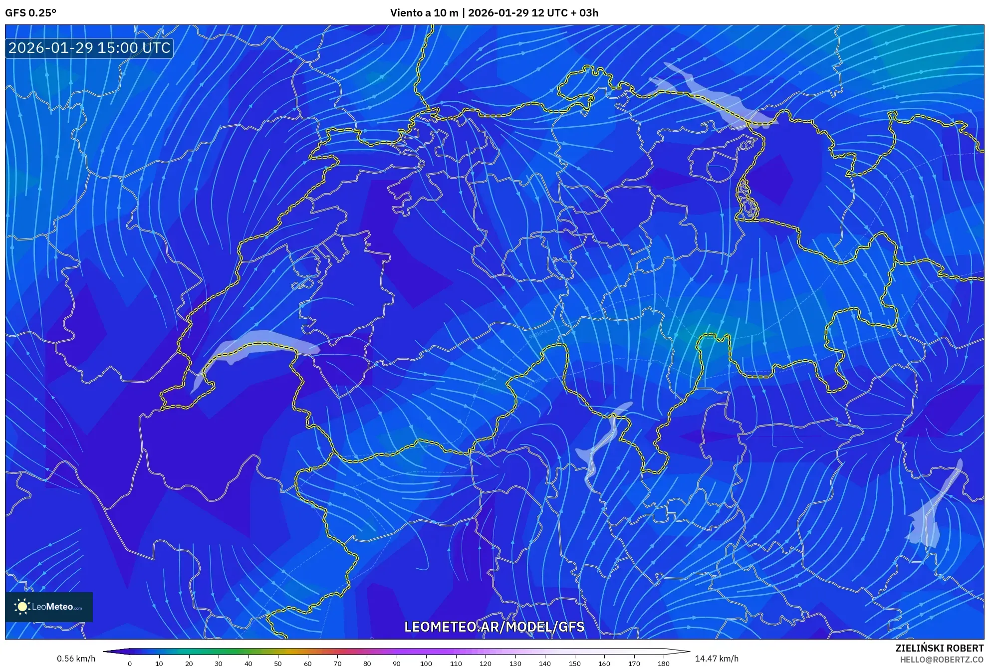 GFS model - Suíça, Vento a 10 m