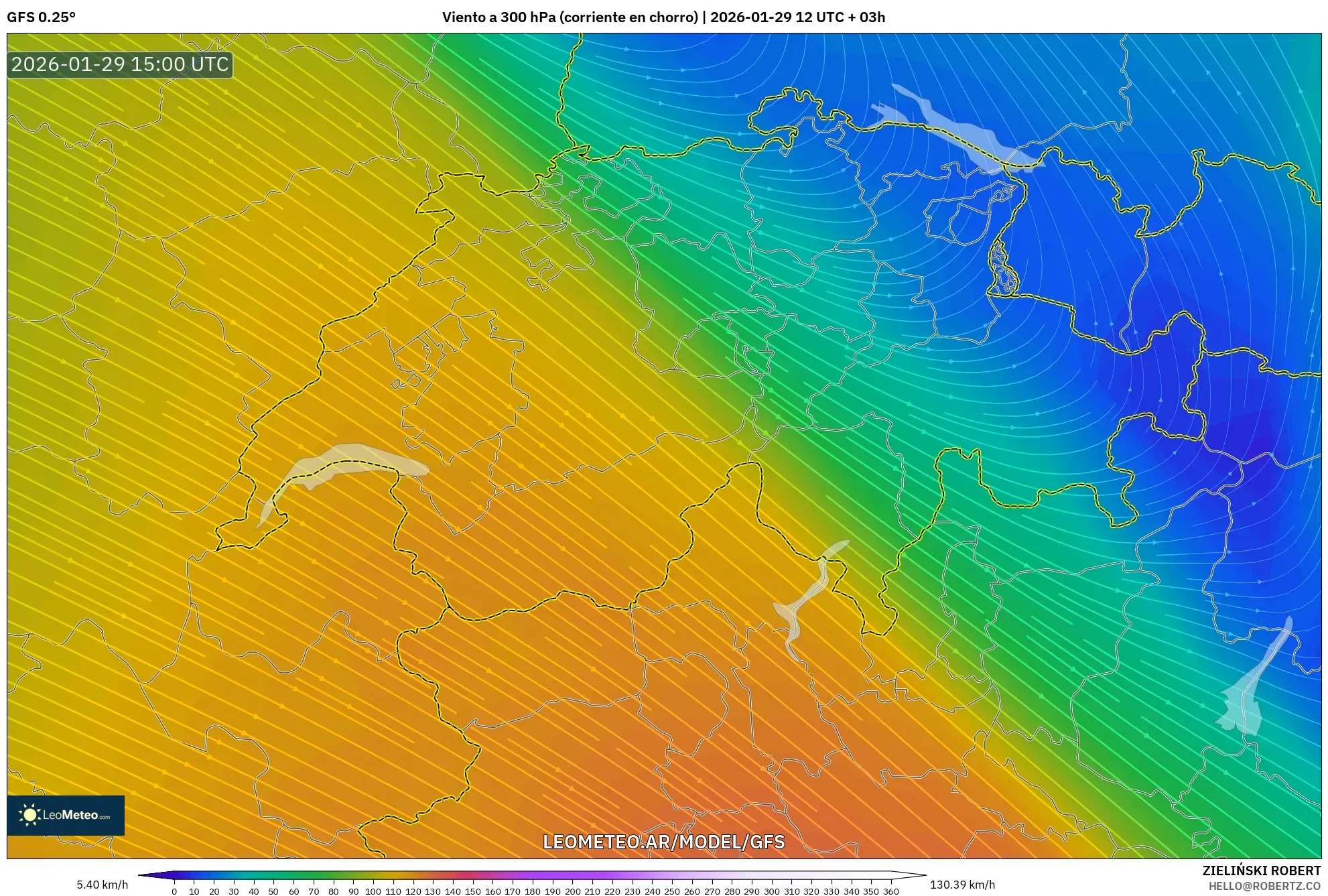 GFS model - Suíça, Vento a 300 hPa (corrente em jato)