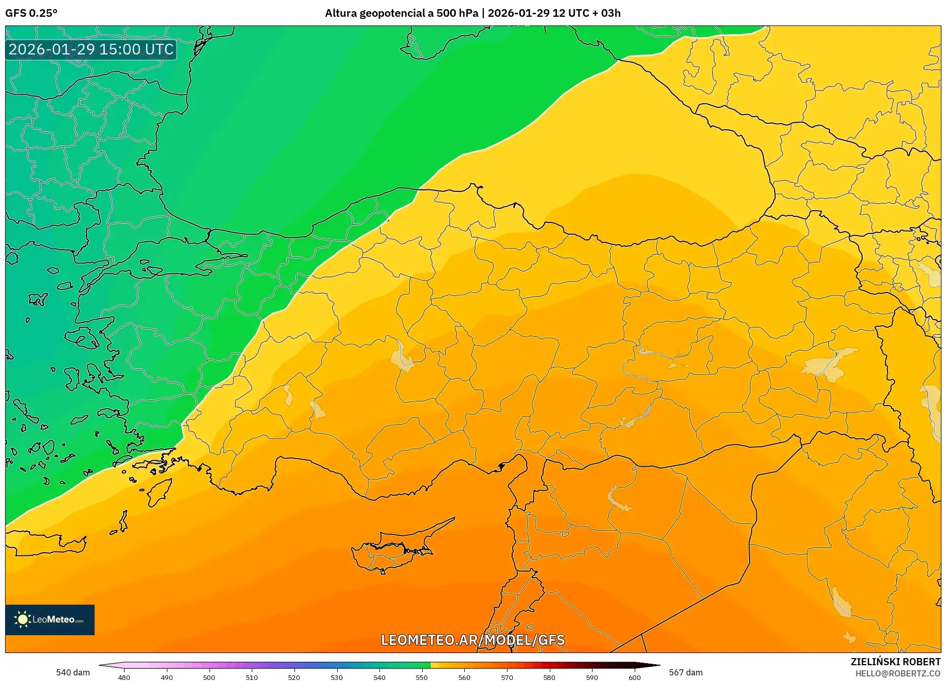 GFS model - Turquia, Altura geopotencial a 500 hPa