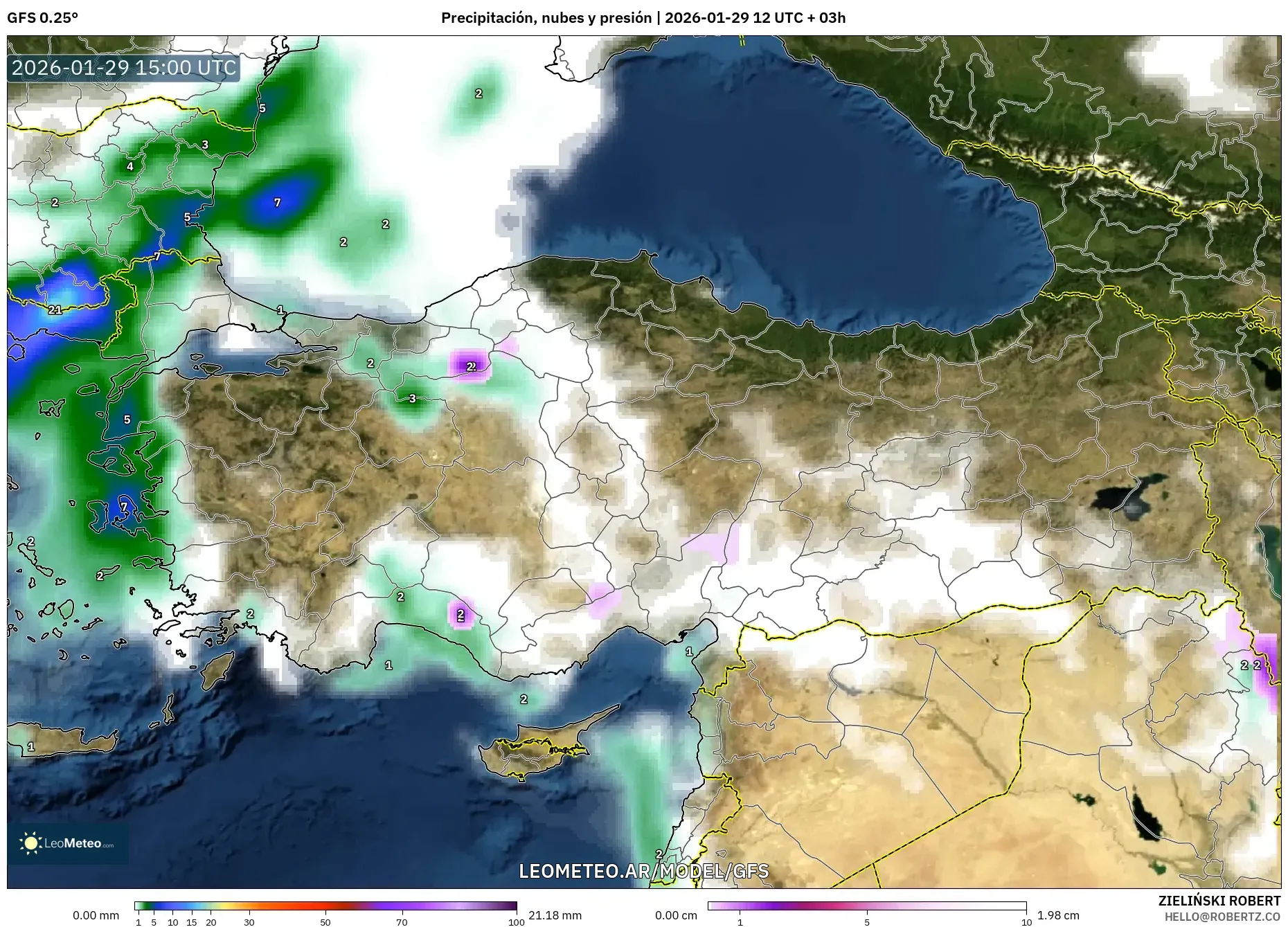 GFS model - Turquia, Precipitação, nuvens e pressão