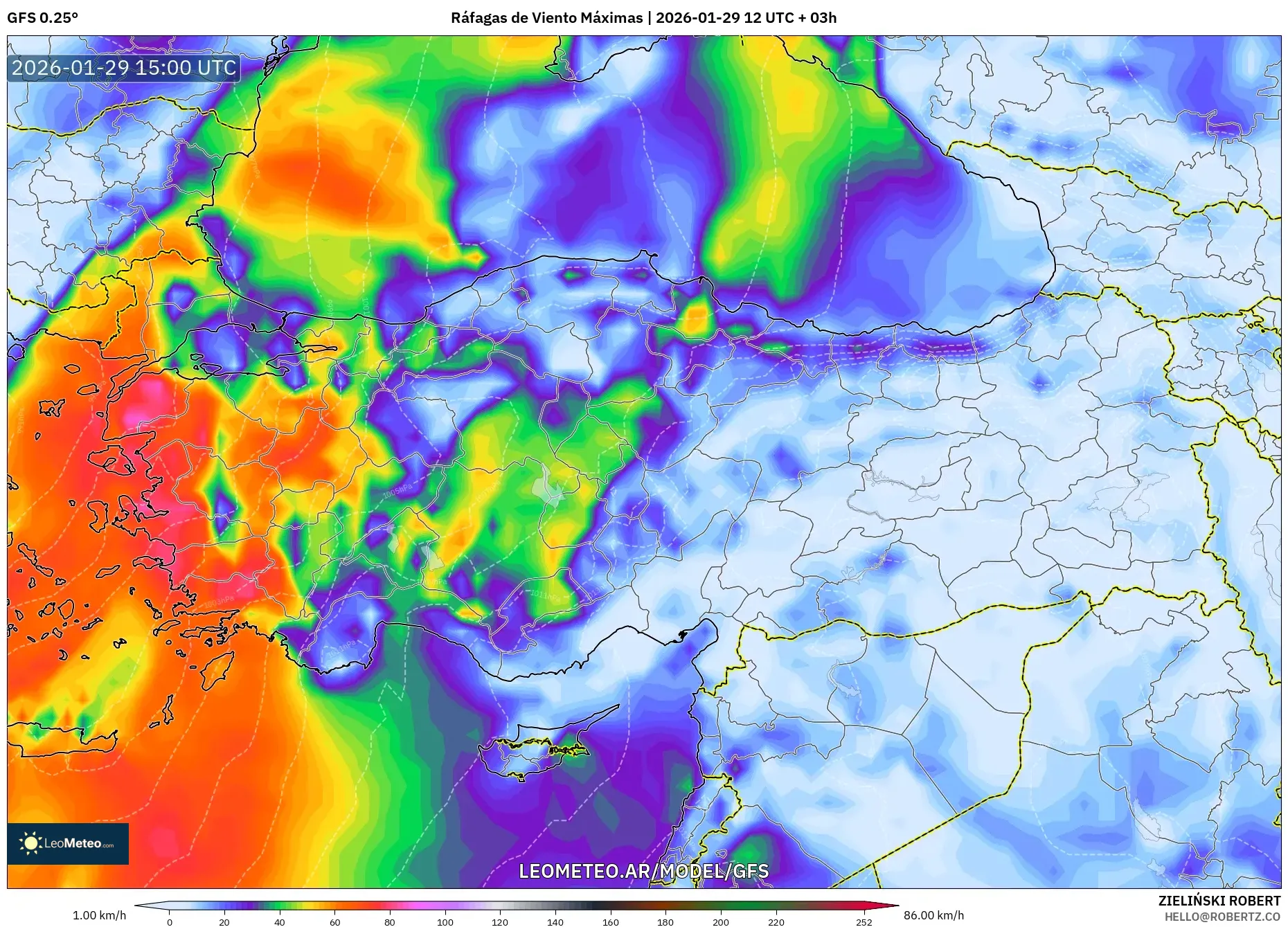 GFS model - Turquia, Rajadas de Vento Máximas