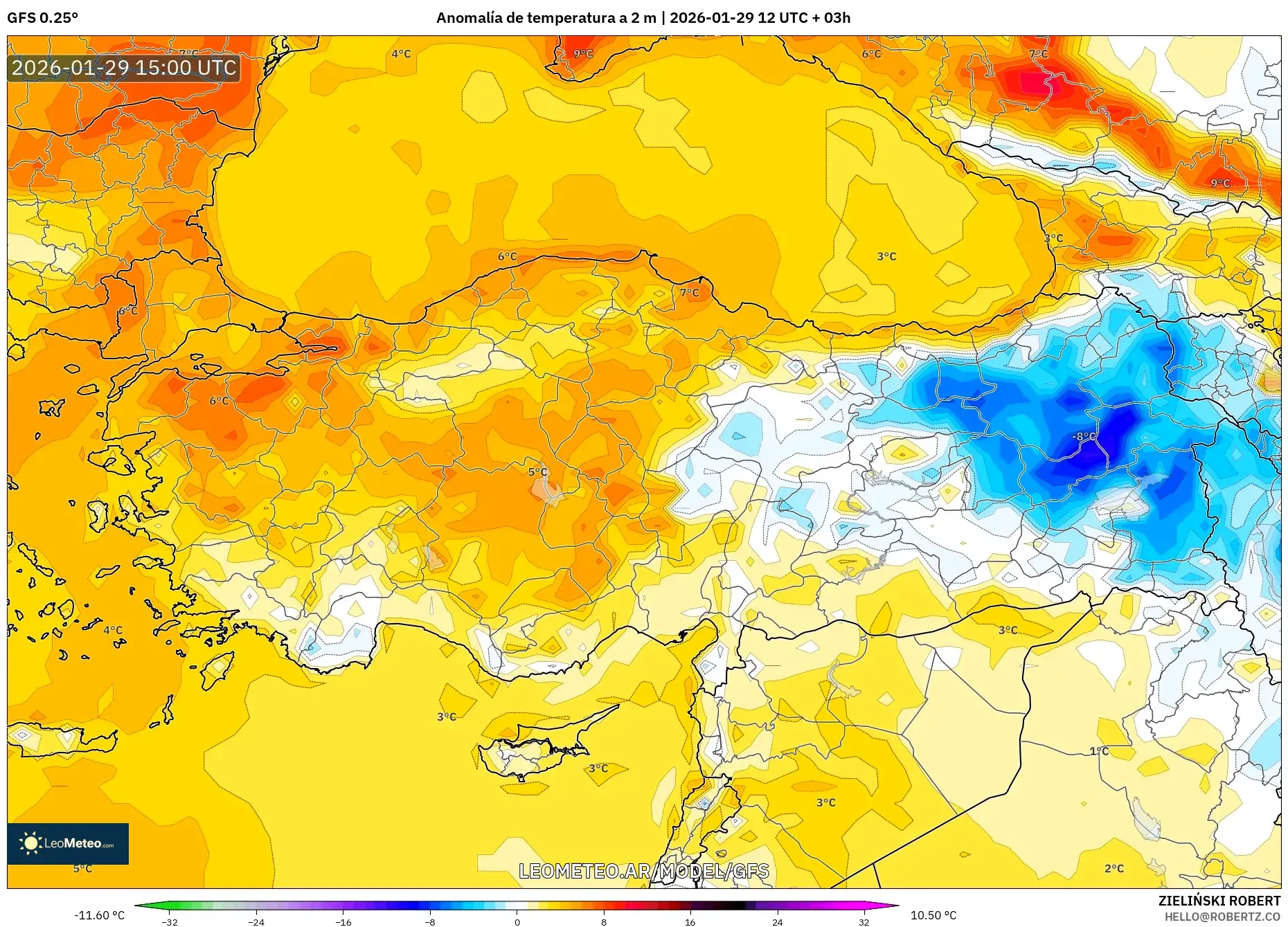 GFS model - Turquia, Anomalia de temperatura a 2 m