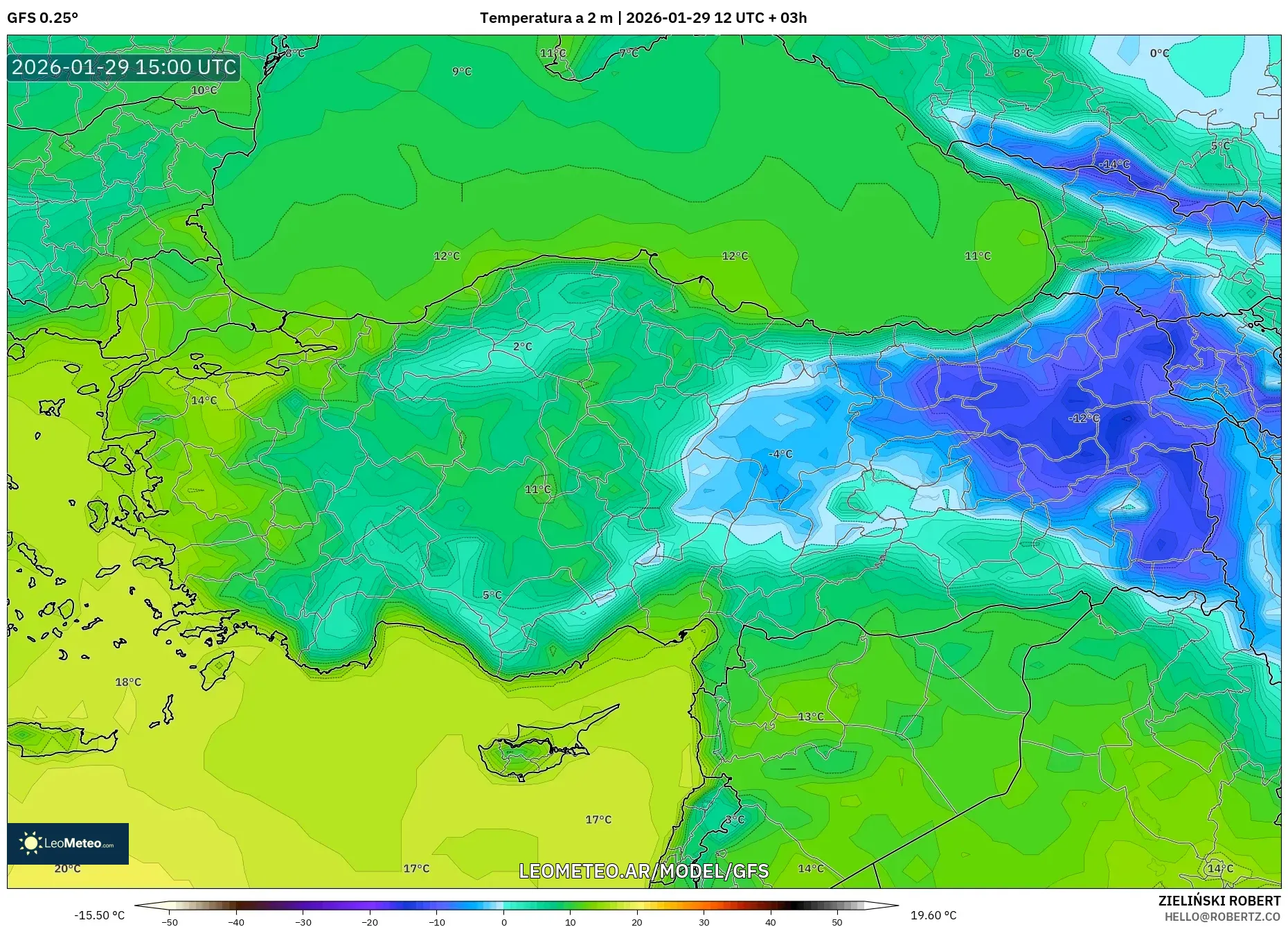 GFS model - Turquia, Temperatura a 2 m