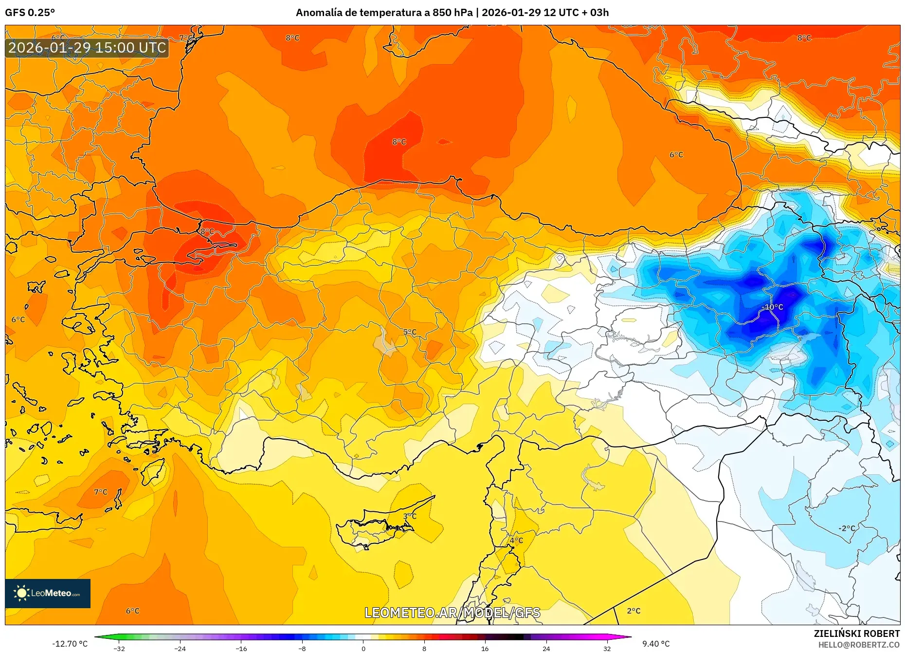 GFS model - Turquia, Anomalia de temperatura a 850 hPa