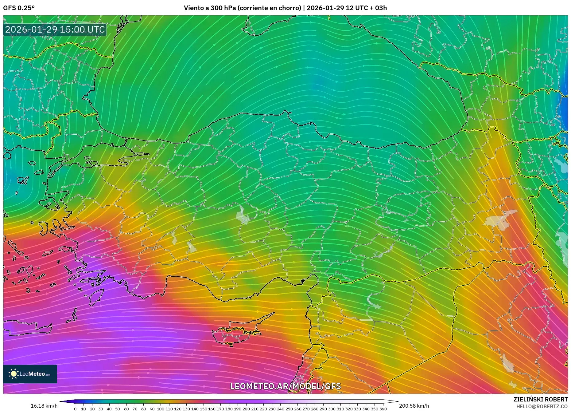 GFS model - Turquia, Vento a 300 hPa (corrente em jato)