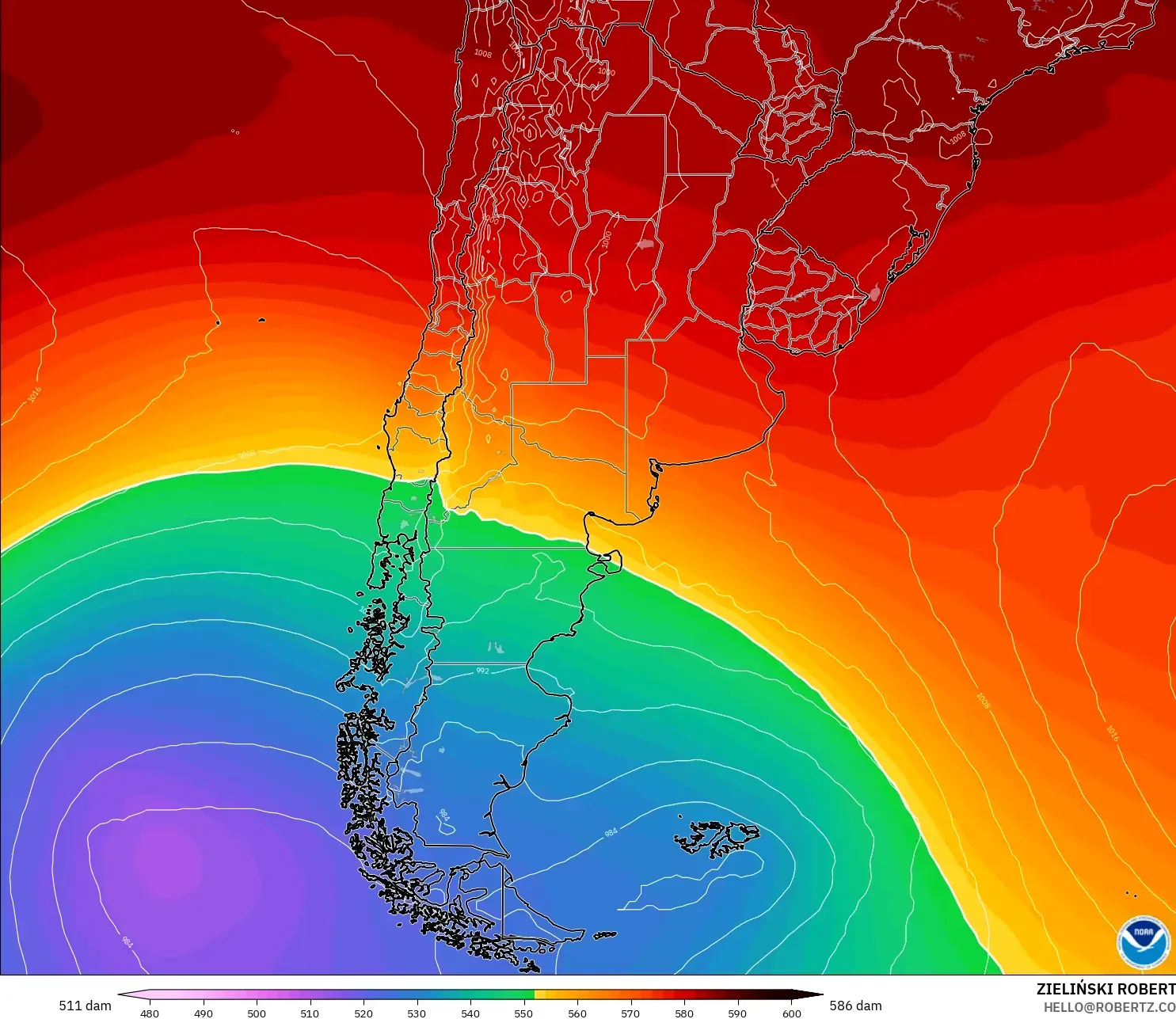 GFS modelo - Argentina, Altura geopotencial a 500 hPa