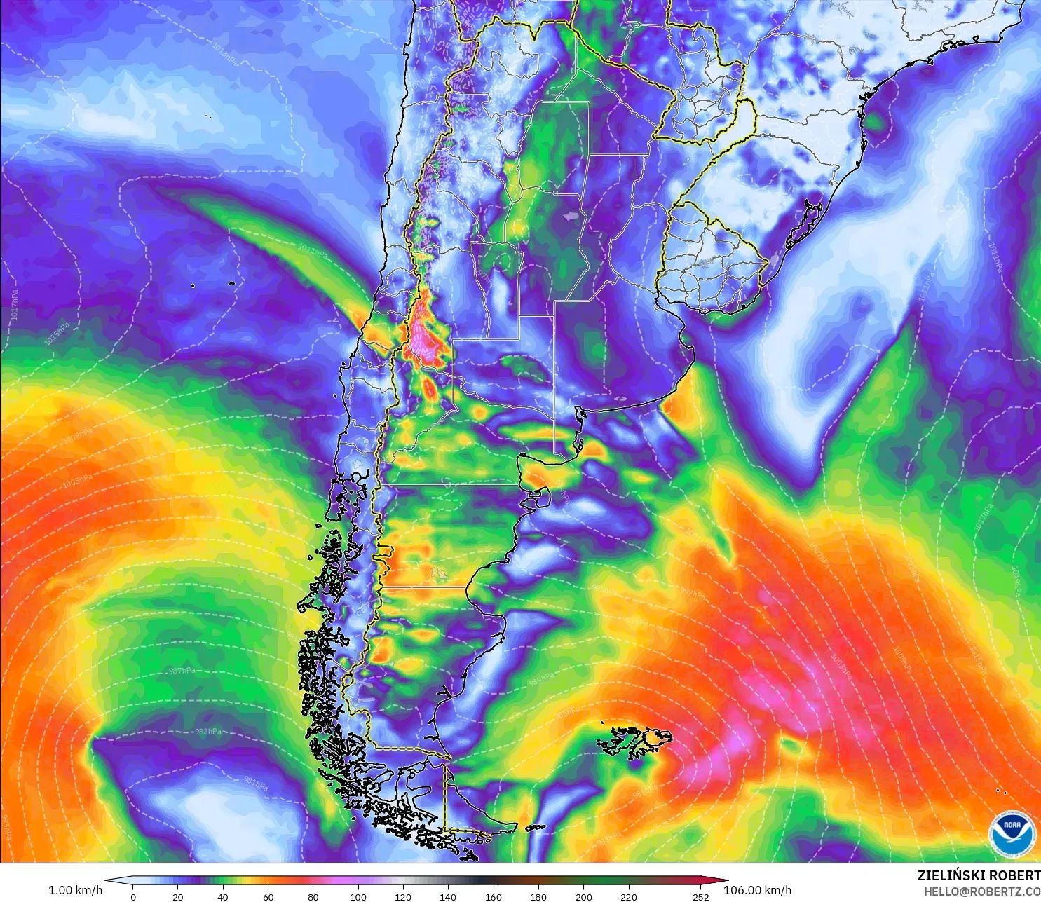GFS modelo - Argentina, Rajadas de vento