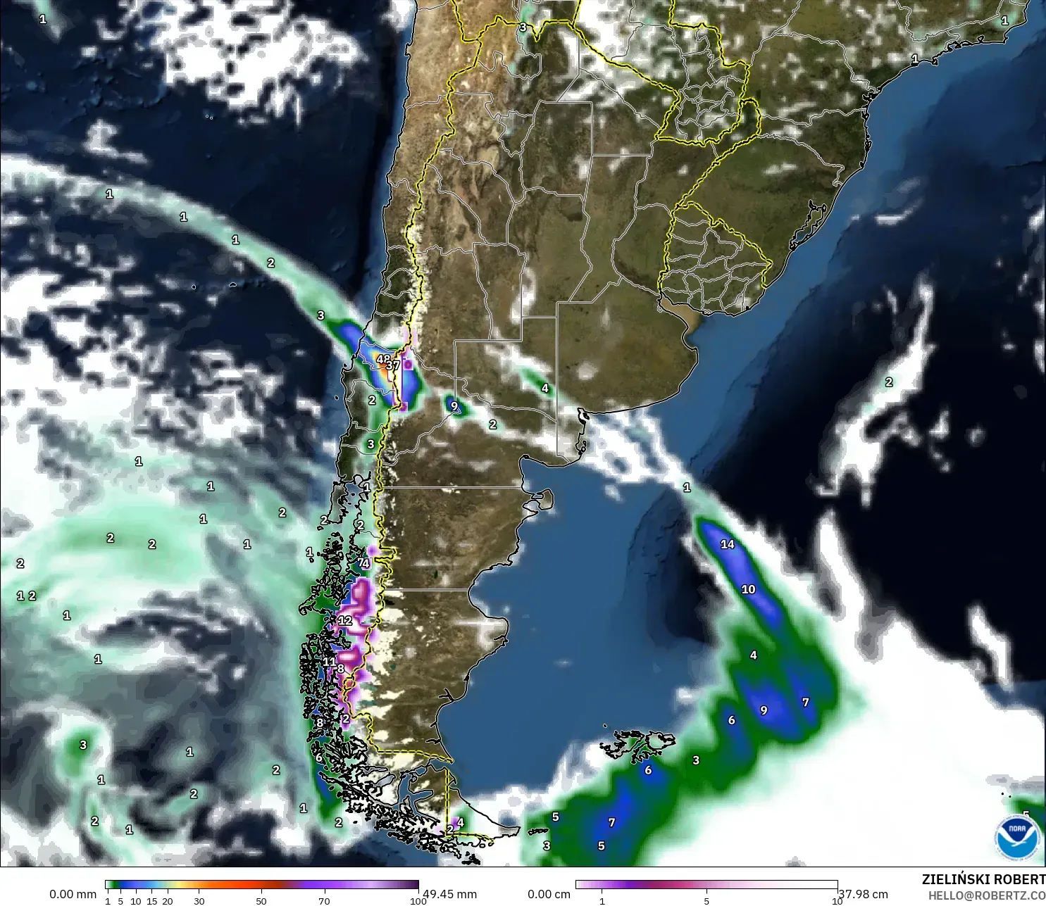 GFS modelo - Argentina, Precipitação, nuvens e pressão