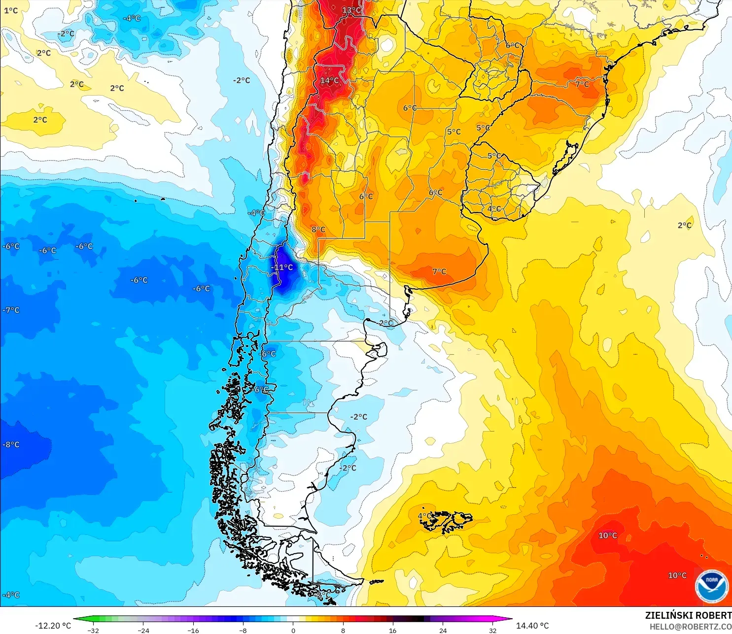 GFS modelo - Argentina, Anomalia de temperatura a 850 hPa