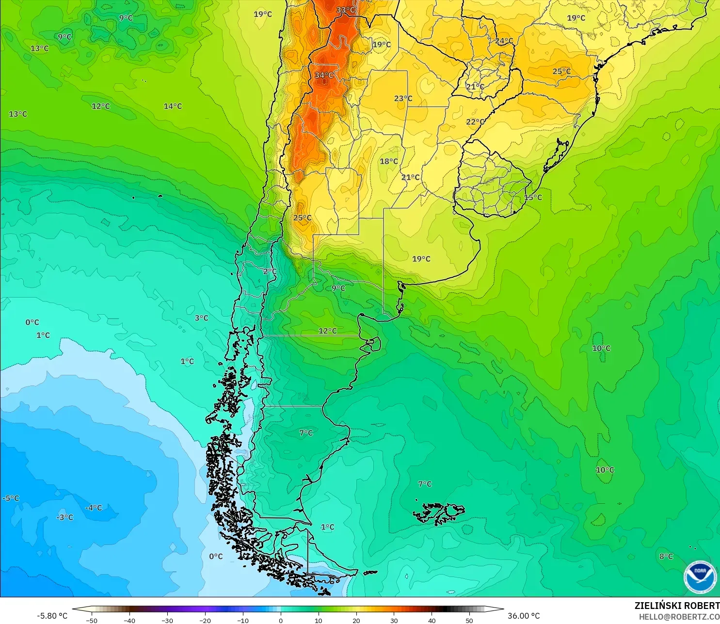 GFS modelo - Argentina, Temperatura a 850 hPa
