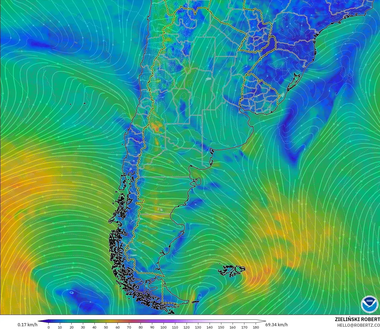 GFS modelo - Argentina, Vento a 10 m