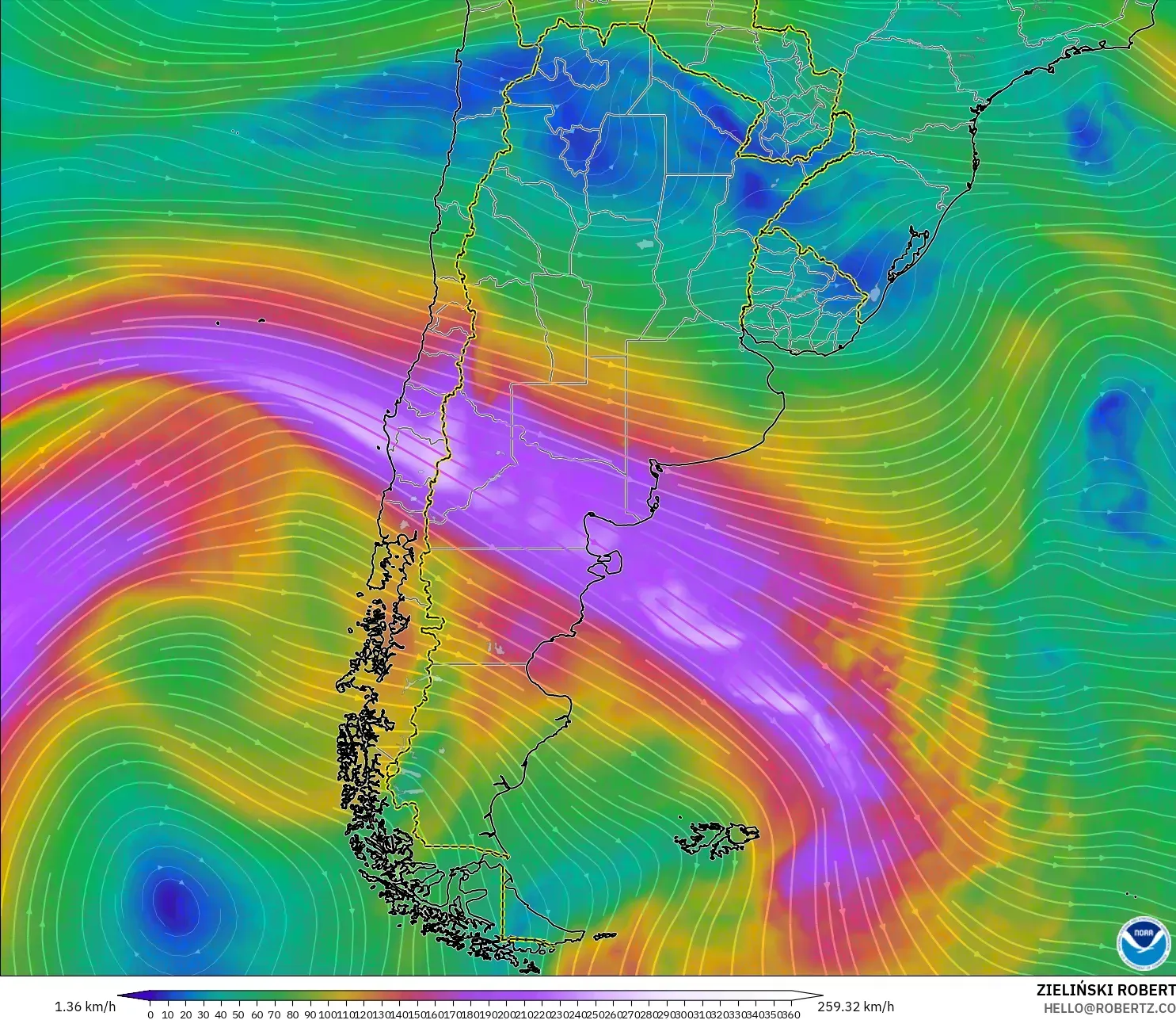 GFS modelo - Argentina, Vento a 300 hPa (corrente em jato)