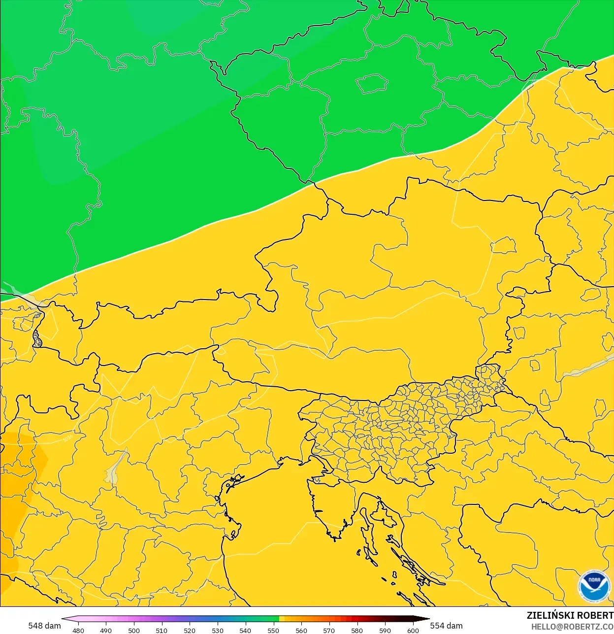 GFS modelo - Áustria, Altura geopotencial a 500 hPa