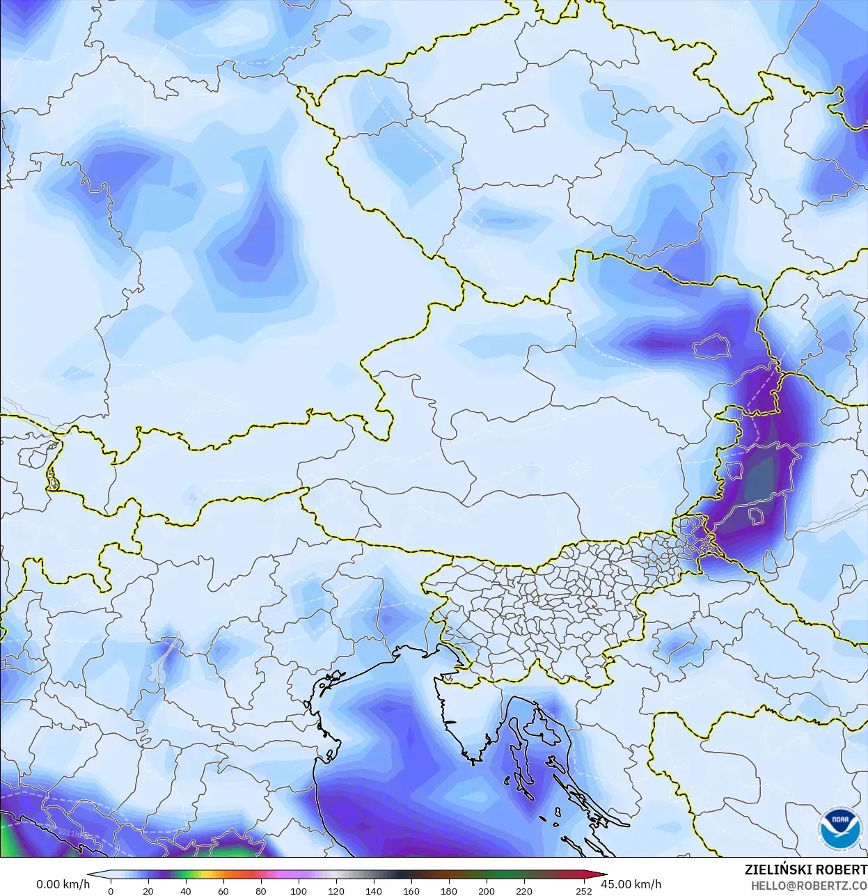 GFS modelo - Áustria, Rajadas de vento