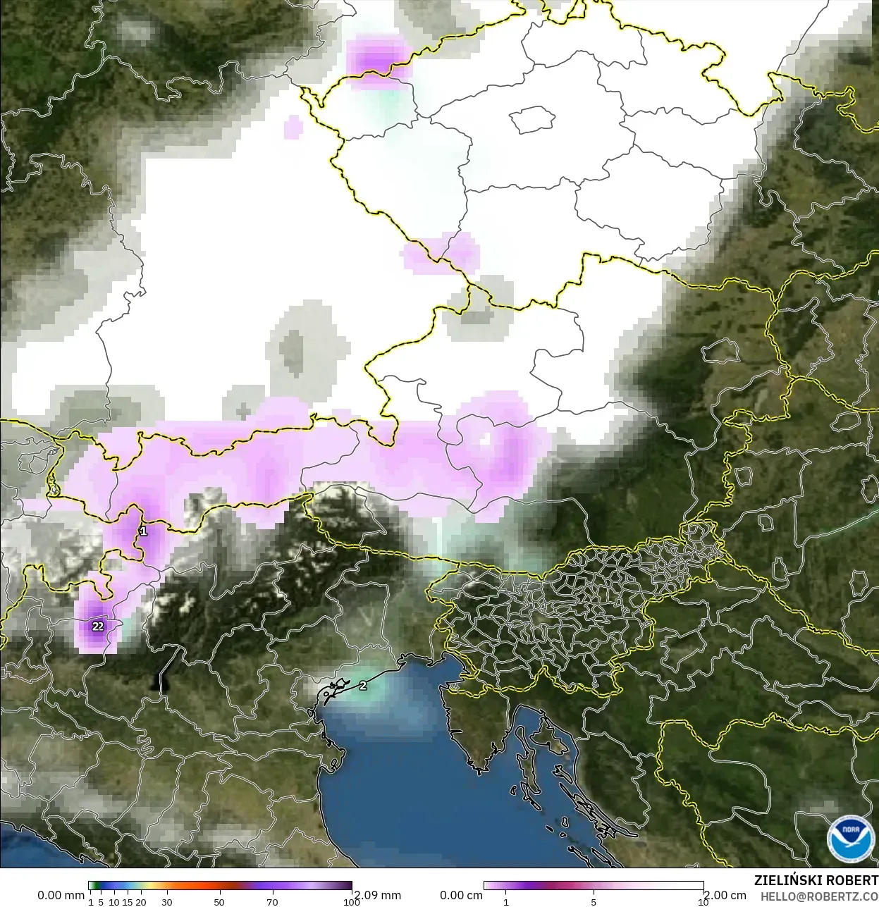 GFS modelo - Áustria, Precipitação, nuvens e pressão