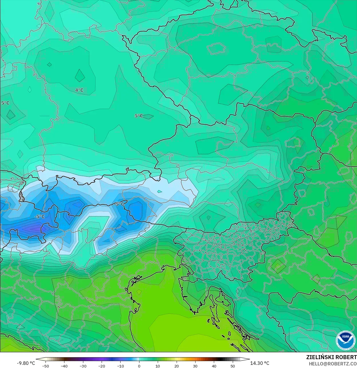 GFS modelo - Áustria, Temperatura a 2 m