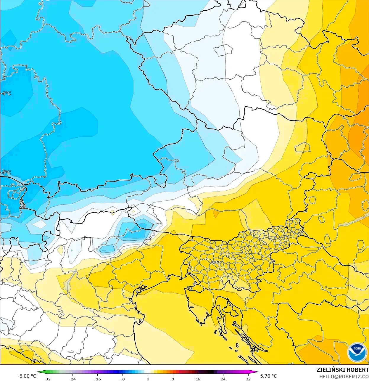 GFS modelo - Áustria, Anomalia de temperatura a 850 hPa