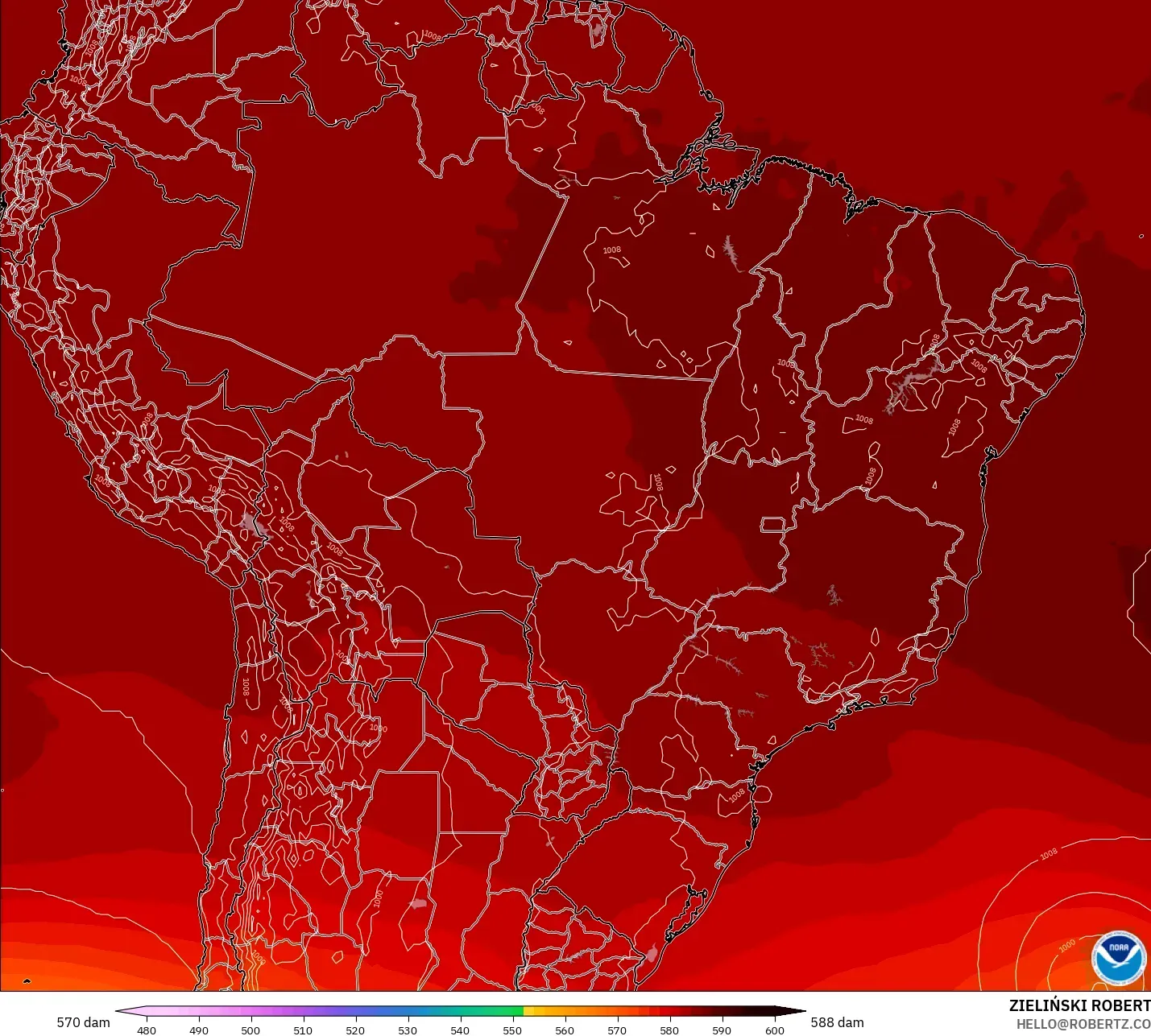 GFS modelo - Brasil, Altura geopotencial a 500 hPa