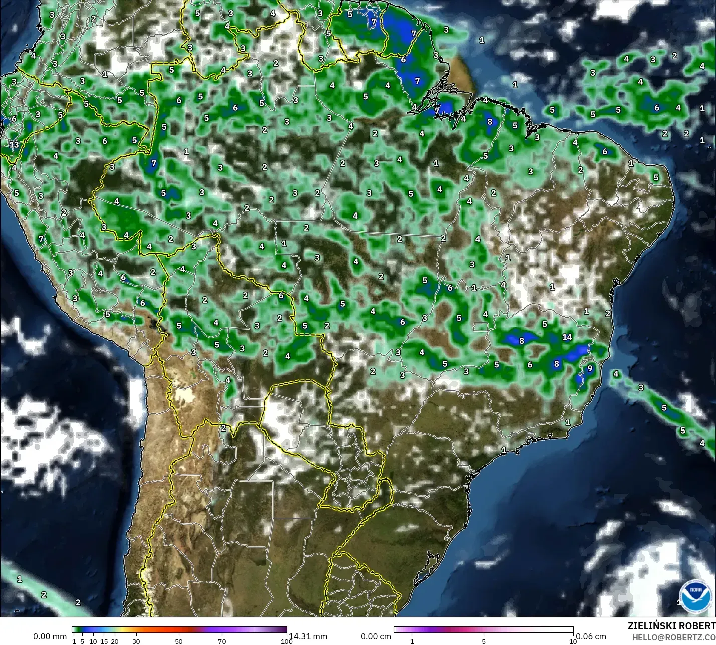 GFS modelo - Brasil, Precipitação, nuvens e pressão