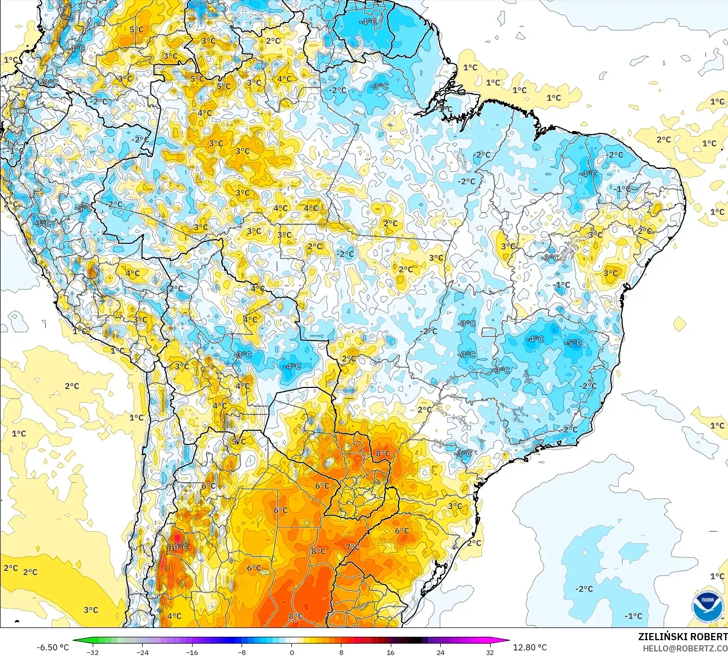 GFS modelo - Brasil, Anomalia de temperatura a 2 m