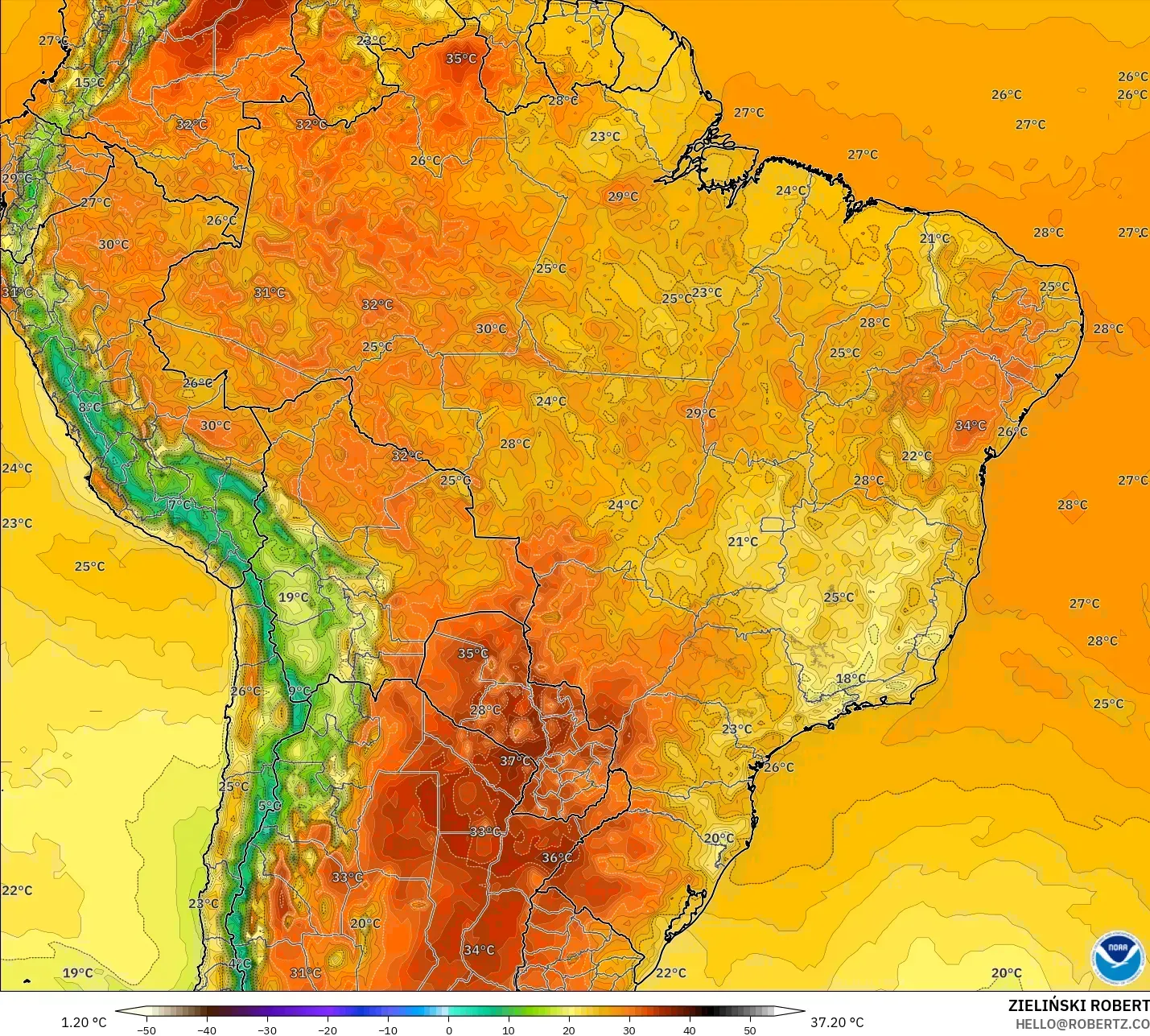 GFS modelo - Brasil, Temperatura a 2 m