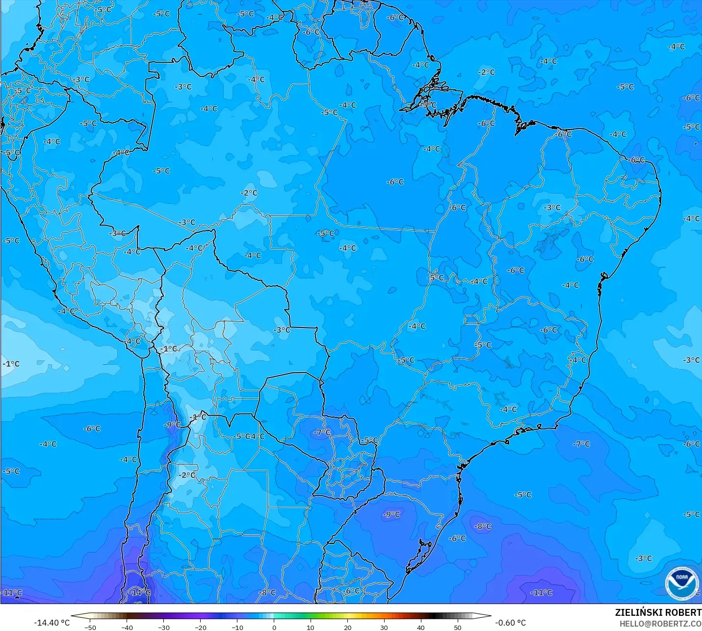 GFS modelo - Brasil, Temperatura a 500 hPa