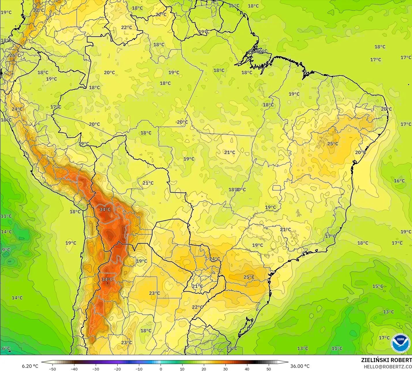 GFS modelo - Brasil, Temperatura a 850 hPa