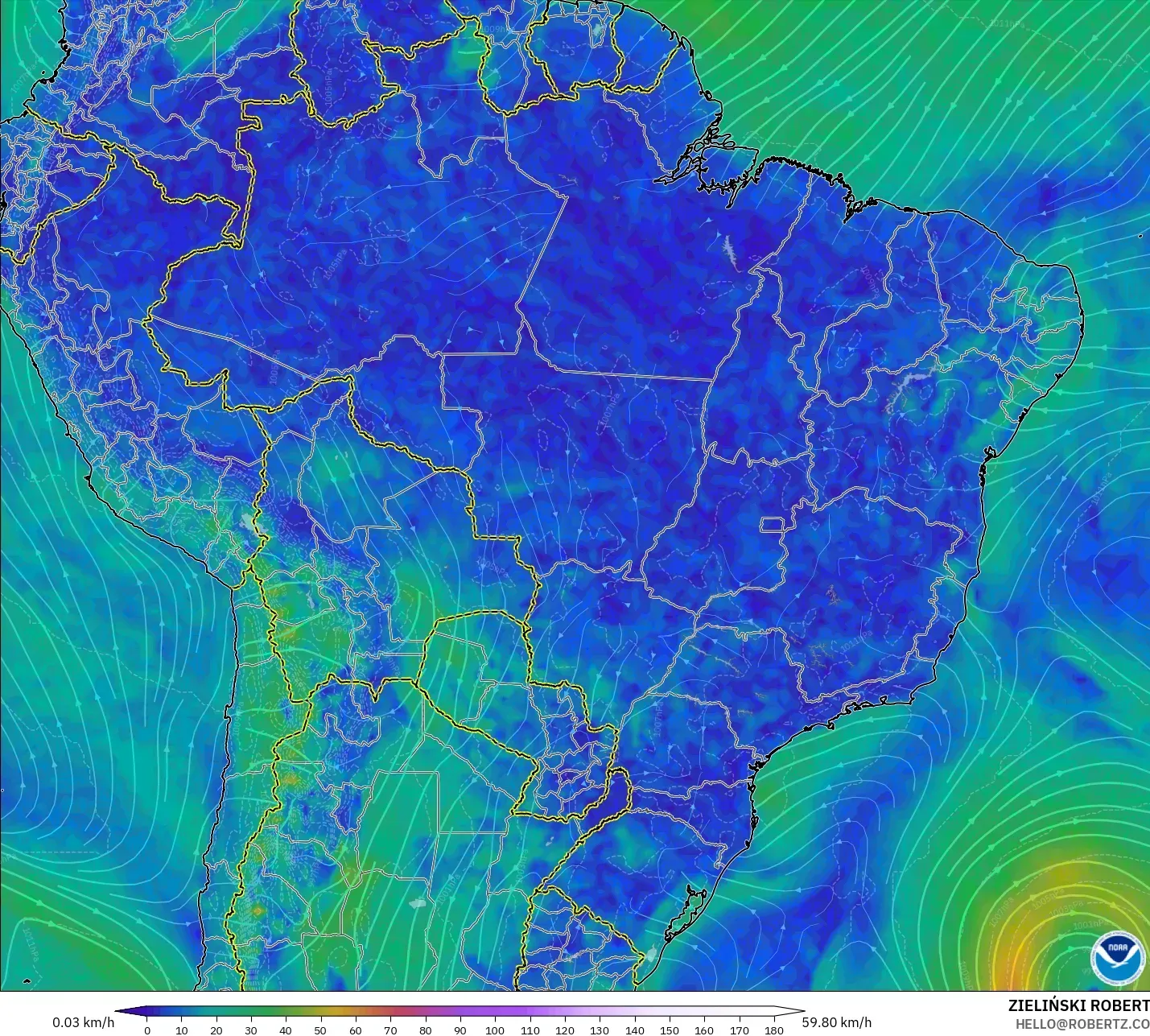 GFS modelo - Brasil, Vento a 10 m