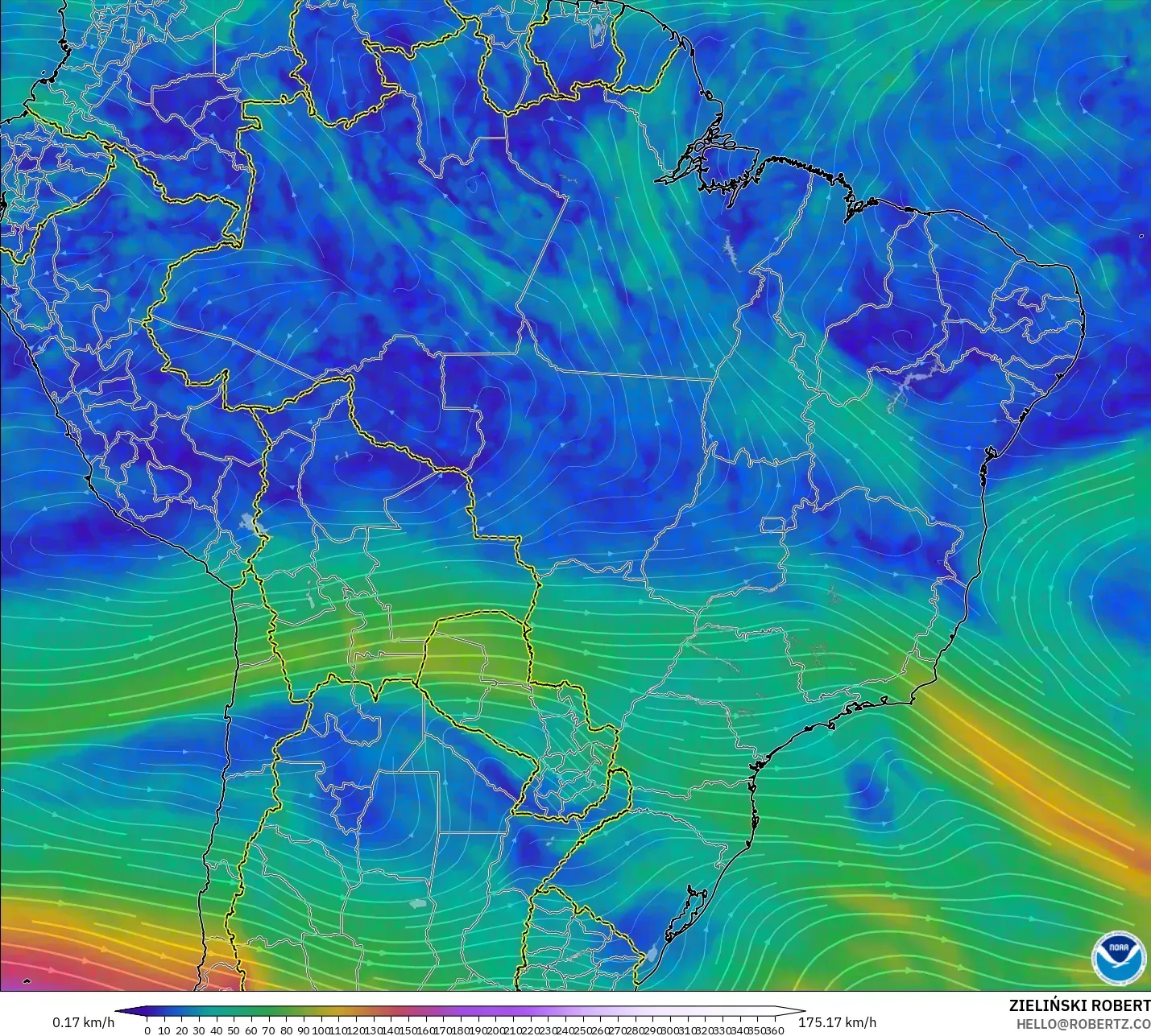 GFS modelo - Brasil, Vento a 300 hPa (corrente em jato)