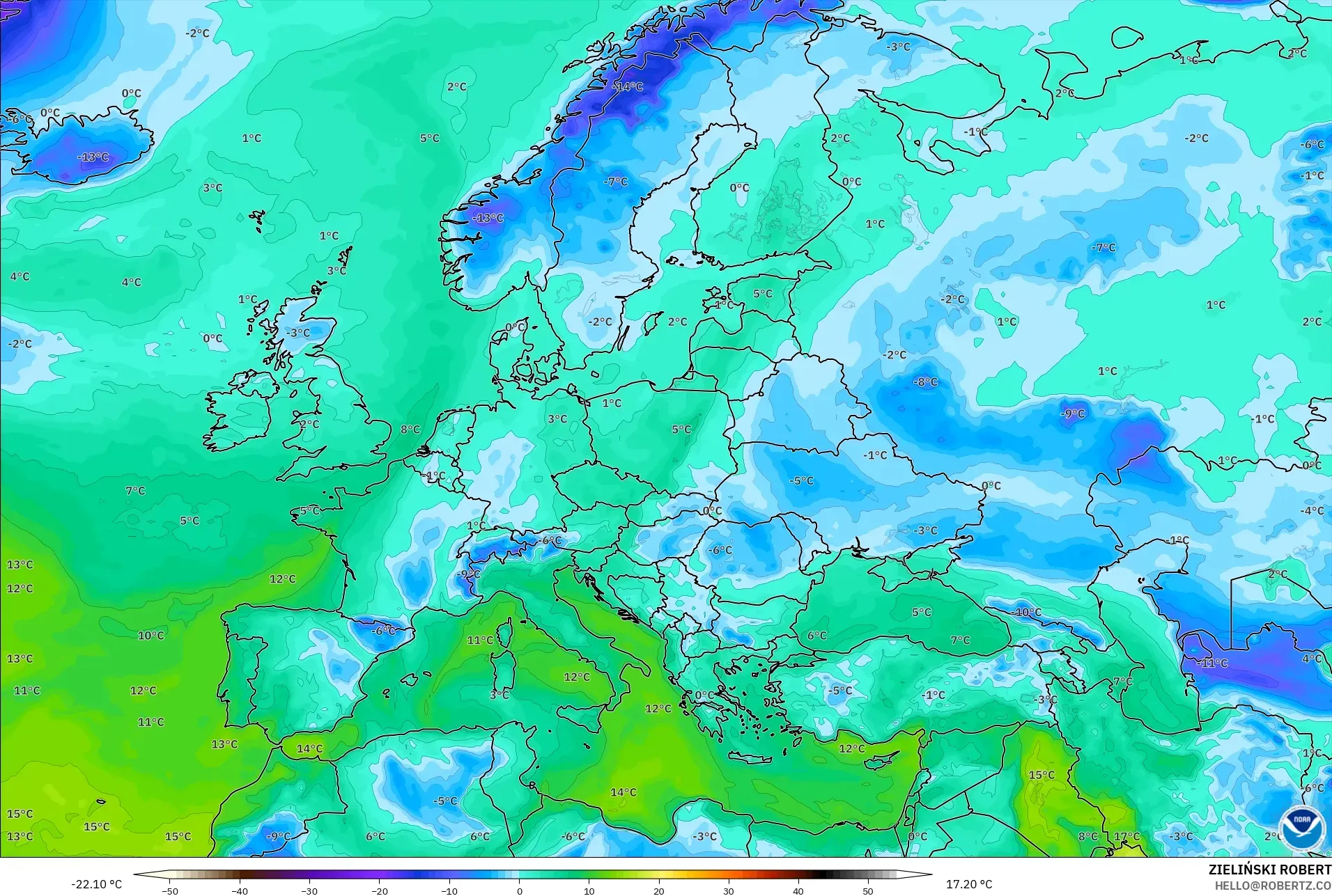 GFS modelo - Europa, Ponto de orvalho a 2 m