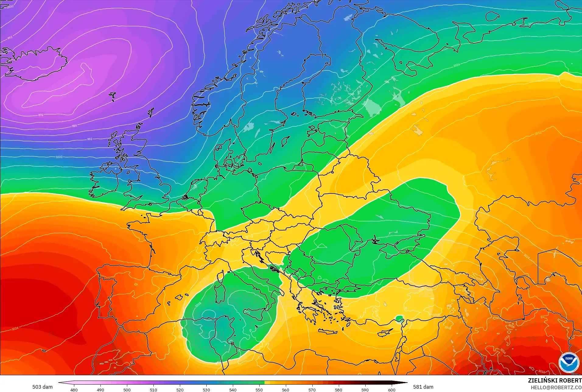 GFS modelo - Europa, Altura geopotencial a 500 hPa