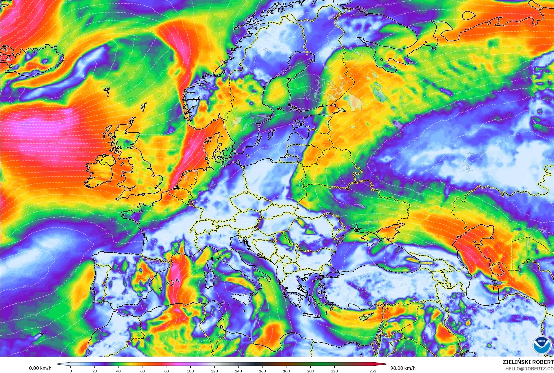 GFS modelo - Europa, Rajadas de Vento Máximas