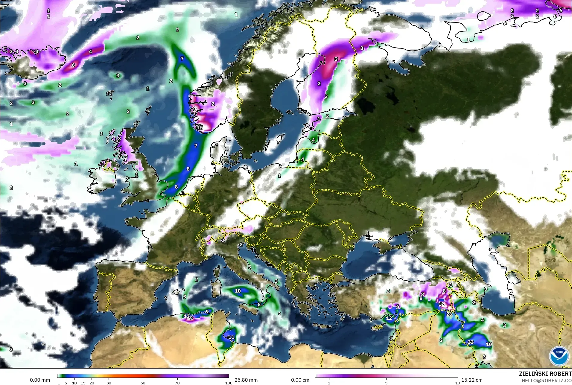 GFS modelo - Europa, Precipitação, nuvens e pressão