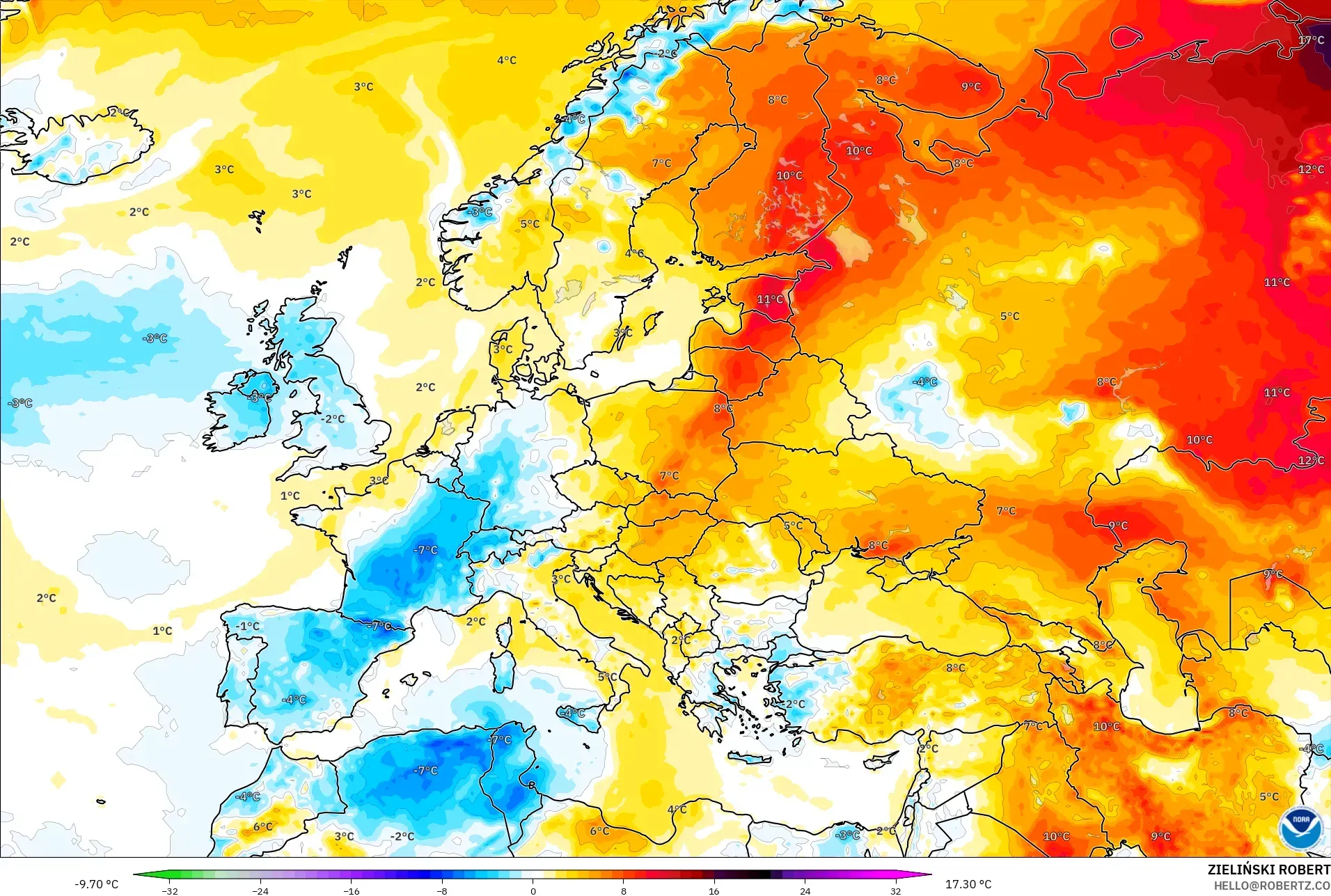 GFS modelo - Europa, Anomalia de temperatura a 2 m