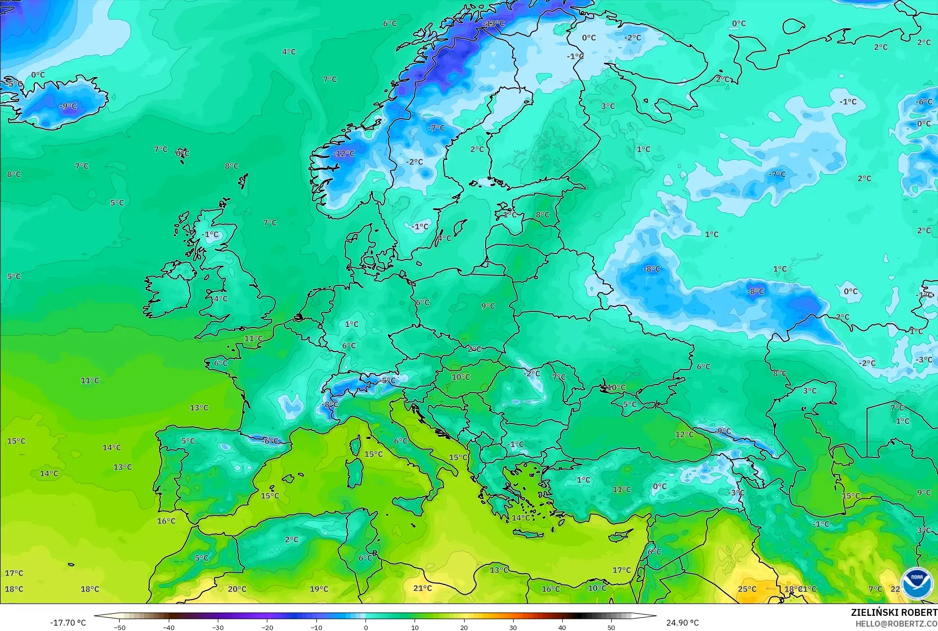 GFS modelo - Europa, Temperatura a 2 m