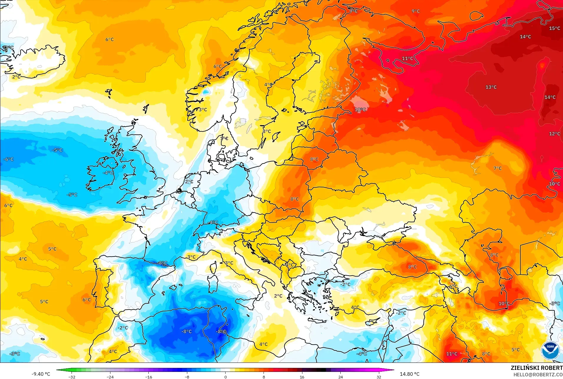 GFS modelo - Europa, Anomalia de temperatura a 850 hPa