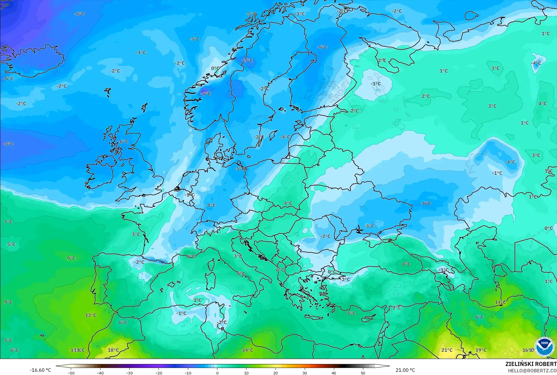 GFS modelo - Europa, Temperatura a 850 hPa