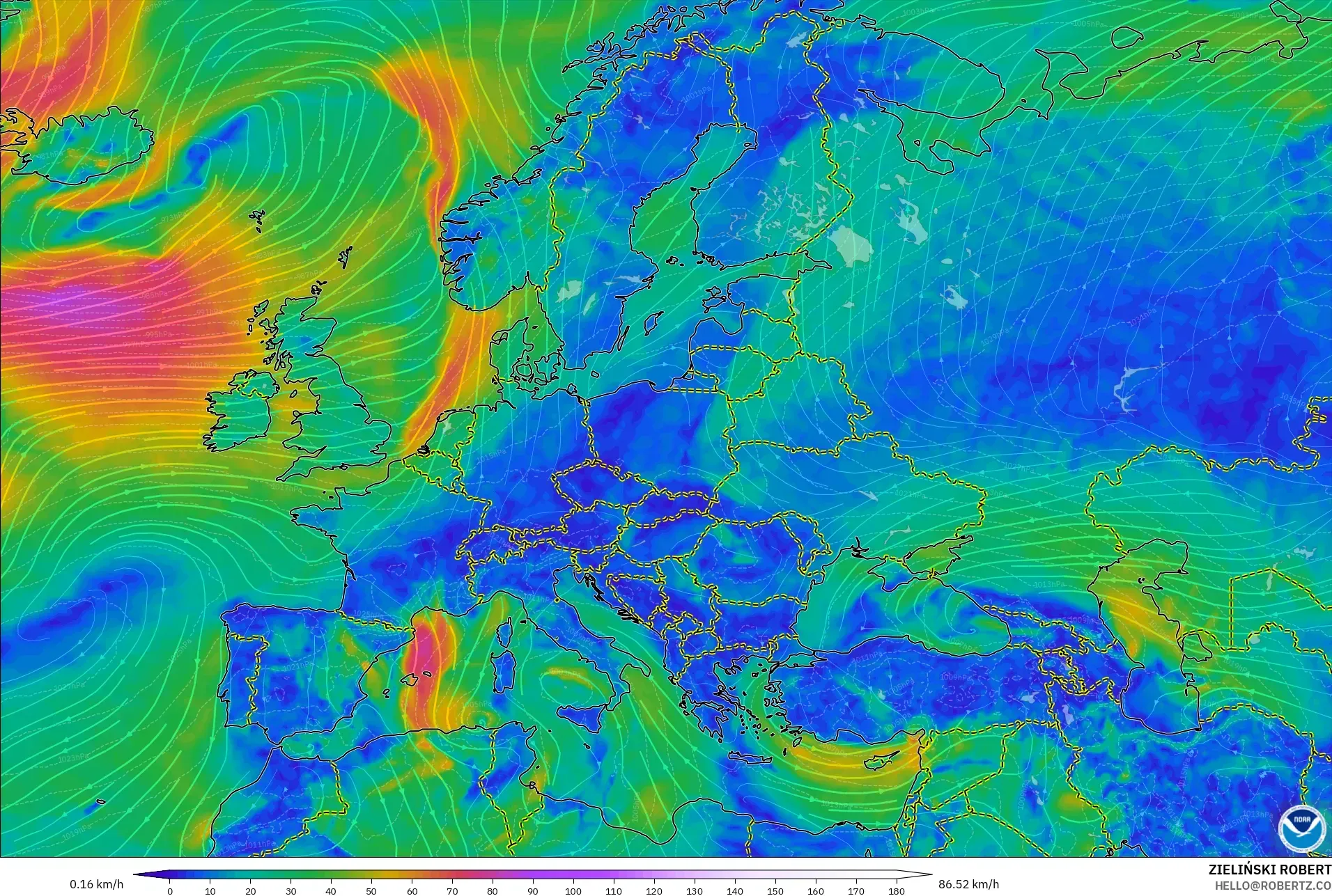 GFS modelo - Europa, Vento a 10 m
